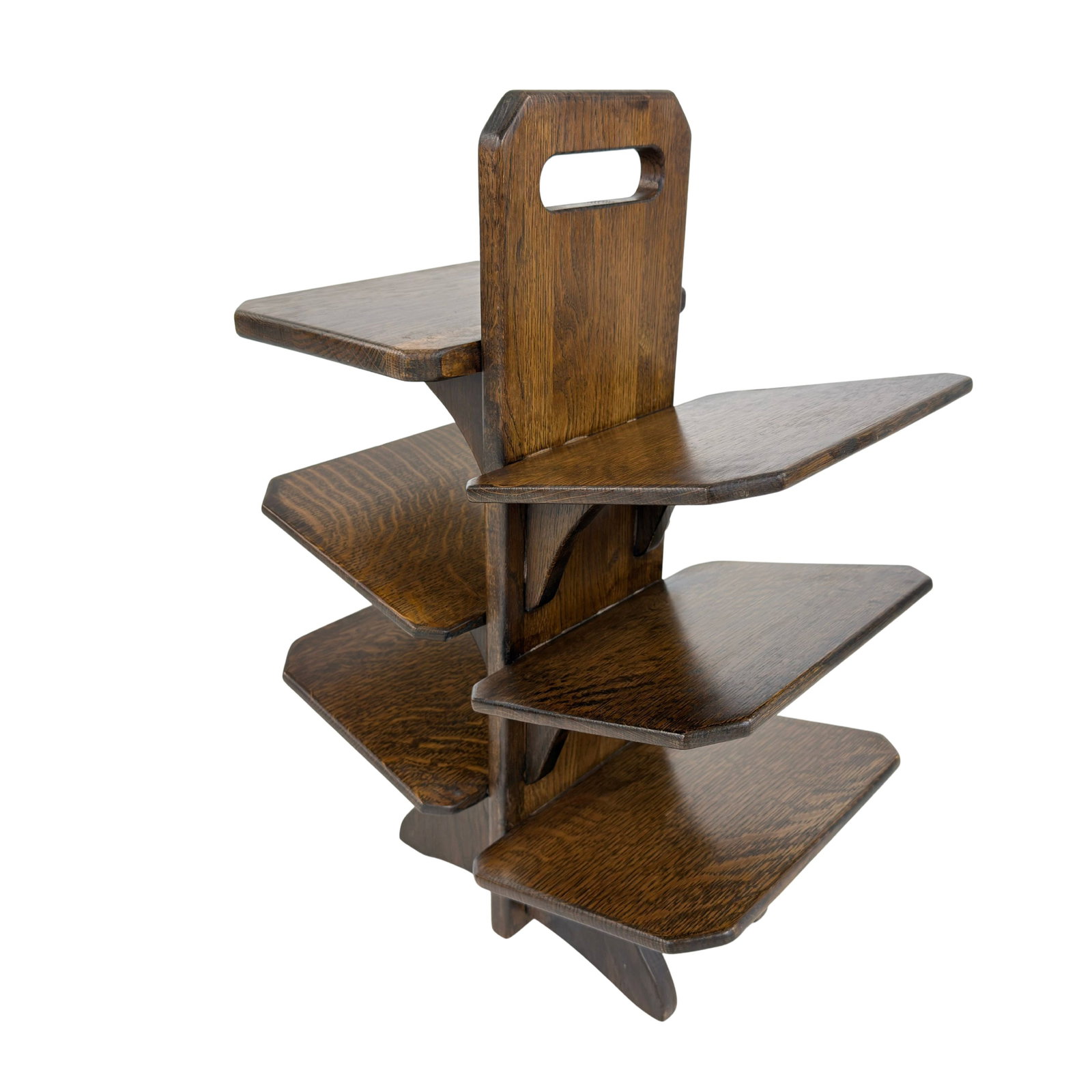DUTCH MAGAZINE RACK, 1960s: Dimensions: H 24.5” x W 17.5” x D 12". Vintage Dutch Brutalist oak magazine rack with 6 angled shelves.
