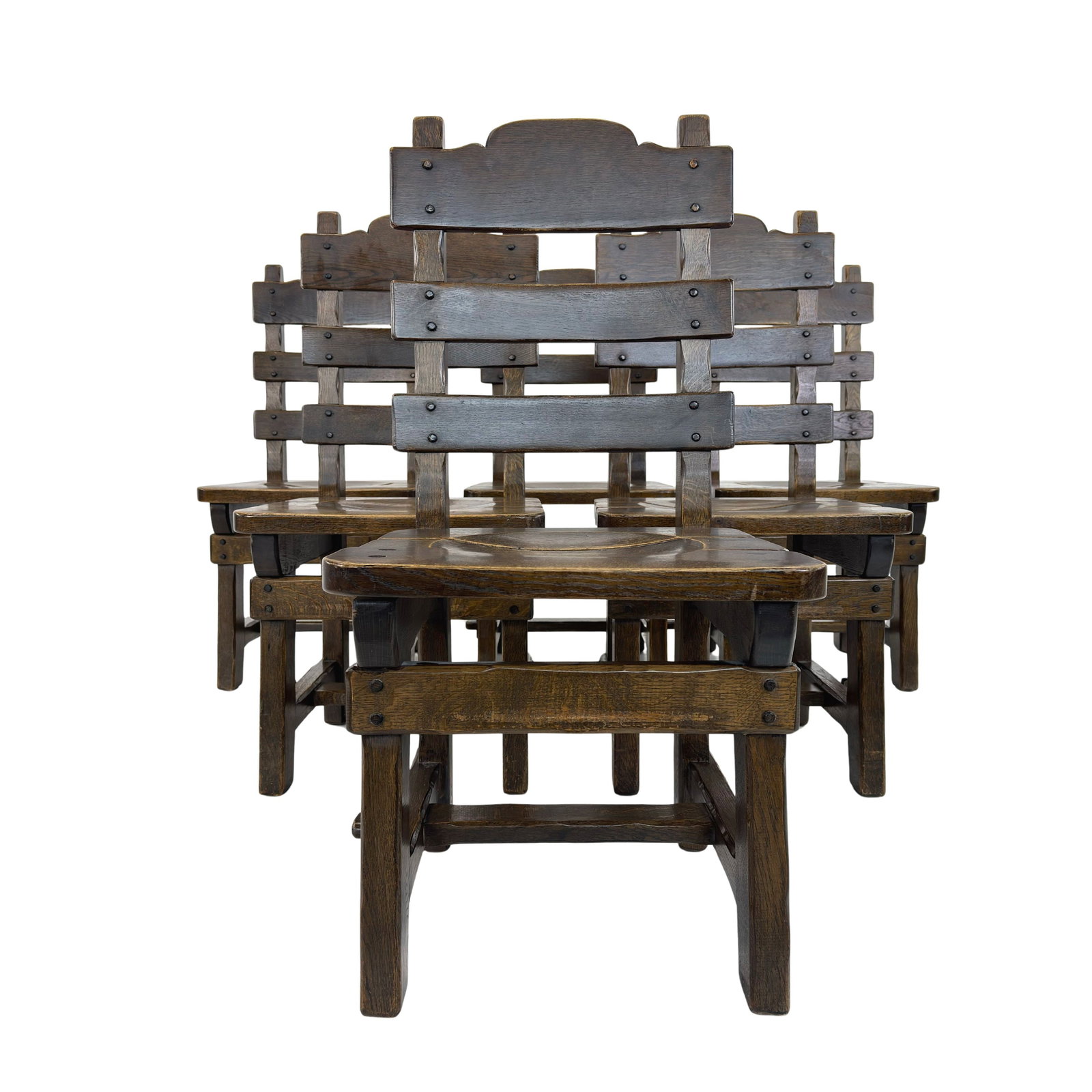 (6) DUTCH BRUTALIST DINING CHAIRS: Dimensions: H 39.5” x W 19” x D 22” x SH 18”. Set of 6 Vintage Dutch Brutalist oak dining chairs from the 1960s.