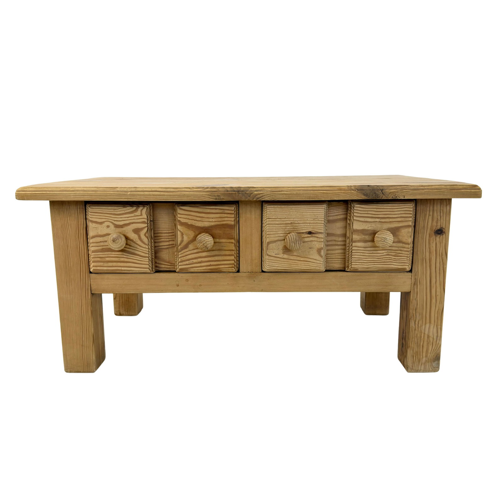 RUSTIC PINE COFFEE TABLE: Dimensions: H 17.7” x W 39” x D 23”. Vintage Rustic pine coffee table with 2 drawers with wooden handles.