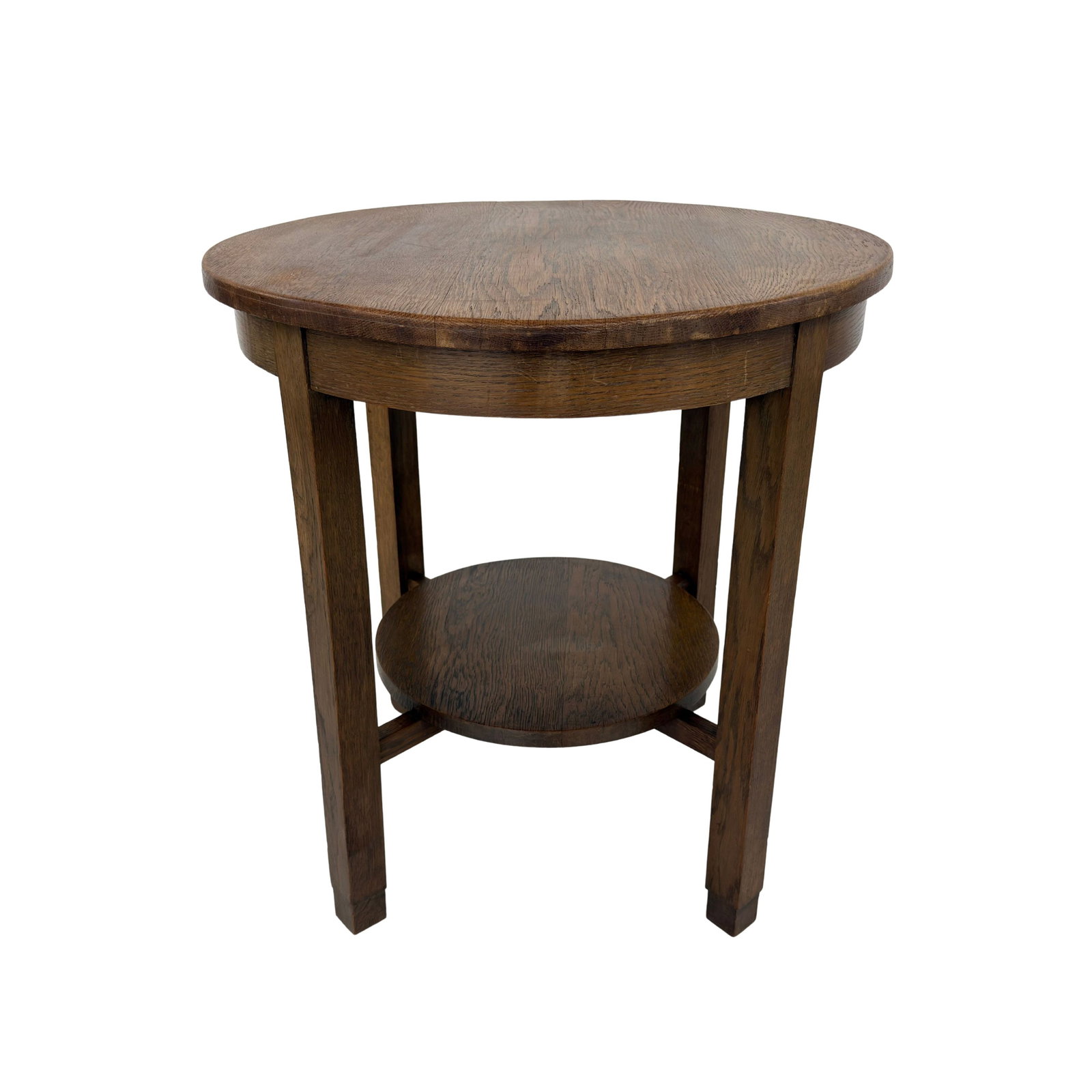 ART DECO SIDE TABLE: Dimensions: H 26.7” x W 25”. Vintage Art Deco round side or coffee table with lower shelf.
