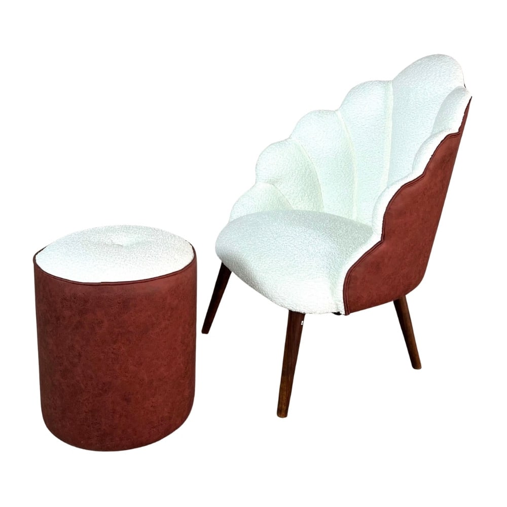 ACCENT SHELL CHAIR AND OTTOMAN: Dimensions: H 36.7” x W 26.7” x SD 20.7” x SH 15.7”. Vintage accent shell chair and ottoman, newly upholstered in brown fabric and off-white boucle. Dimensions: Ottoman H 18&rd
