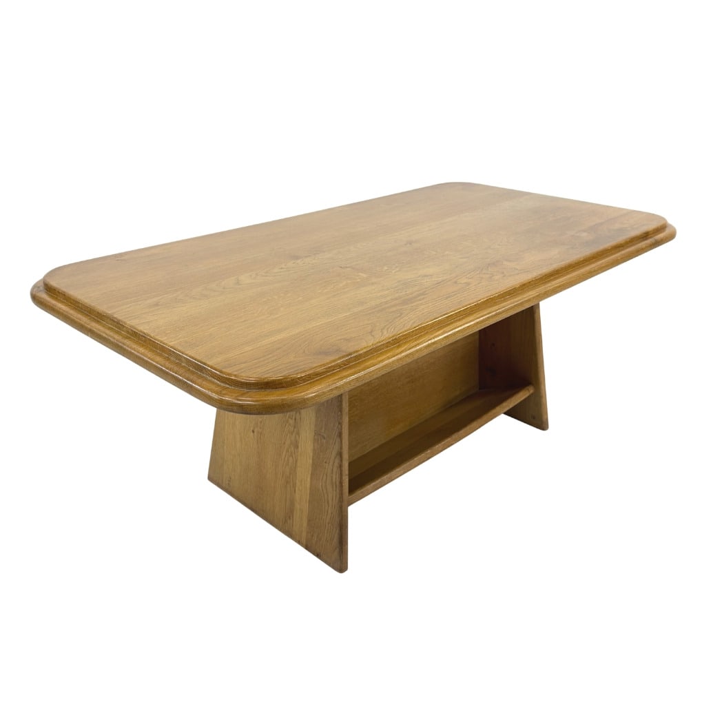 DANISH COFFEE TABLE MANNER OF GANGSO MOBLER: Dimensions: H 20.3” x W 51” x D 27.3”. Vintage Danish rectangular coffee table manner of Gangso Mobler with two small shelves on both size.