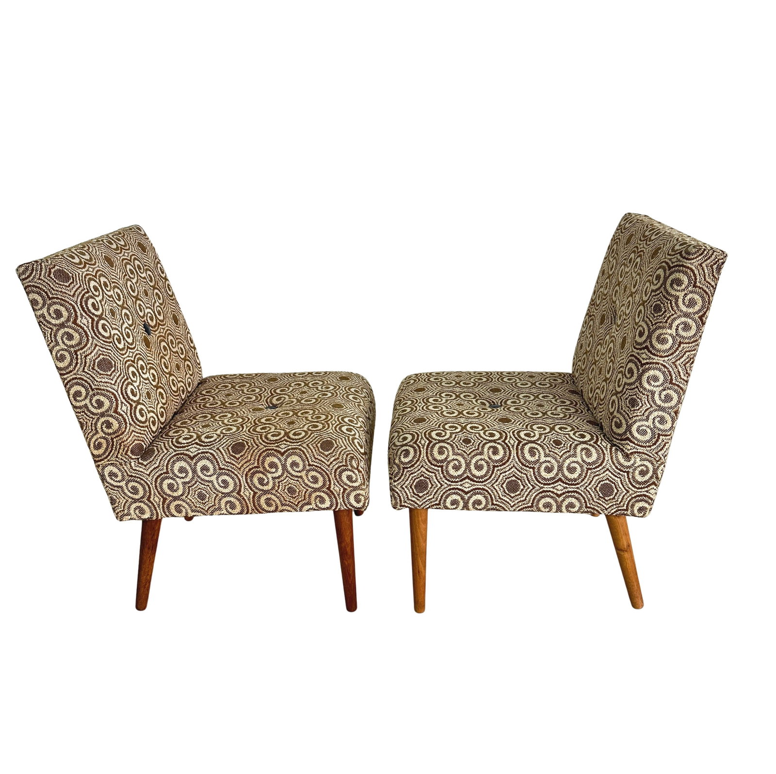 DANISH LOUNGE CHAIRS, A PAIR: Dimensions: H 27.3” x W 18.3” x D 20” x SH 15”. Pair of Vintage Danish lounge chairs in original brown/beige upholstery with tapered legs.