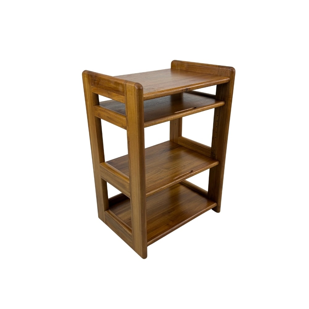 VINTAGE DANISH DISPLAY RACK: Dimensions: H 34.5” x W 24” x D 17”. Vintage standing display rack or bookcase with 2 pull out shelves.
