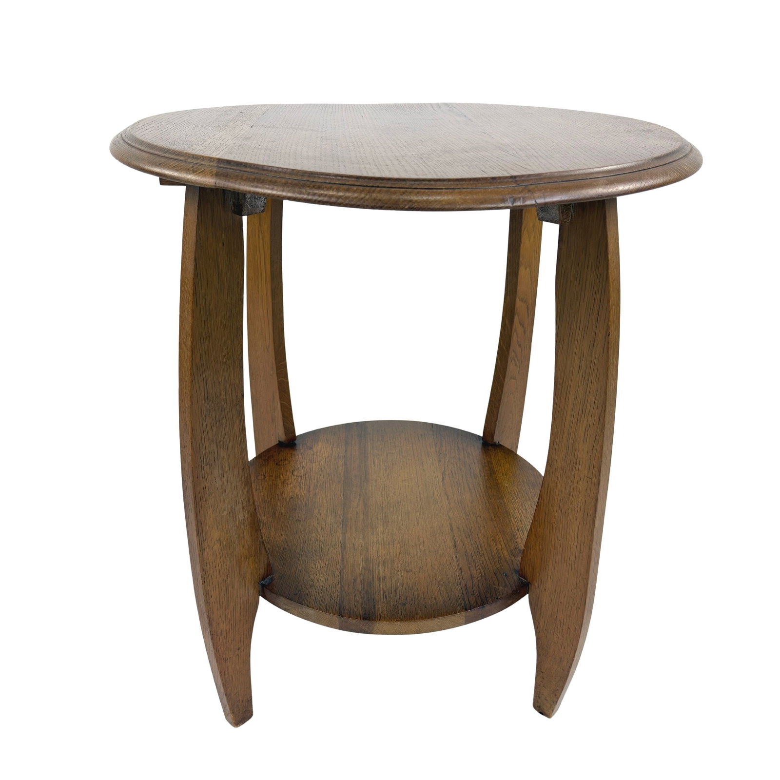AMSTERDAM SCHOOL SIDE TABLE: Dimensions: H 26” x W 23.5”. Vintage Amsterdam School style side or coffee table with lower shelf.