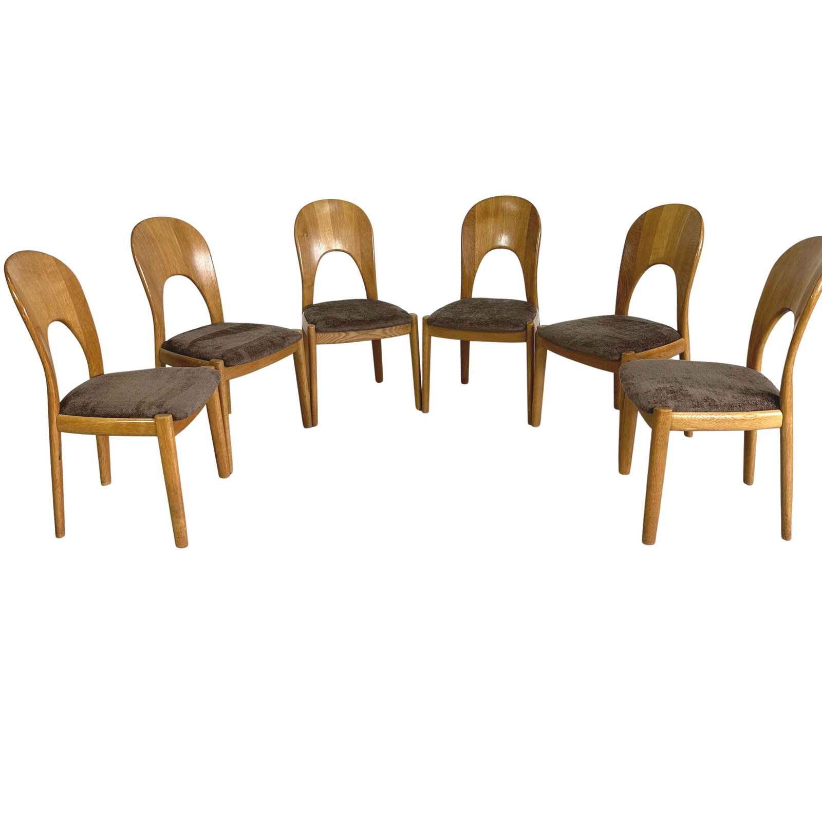 (6) DANISH DINING CHAIRS BY NIELS KOEFOED, 1960s: Dimensions: H 35” x W 19.3” x D 18.5” x SH 18”. Set of 6 Vintage Danish dining chairs, designed by Niels Koefoed for Koefoeds Hornslet with newly upholstered seats in brown sof