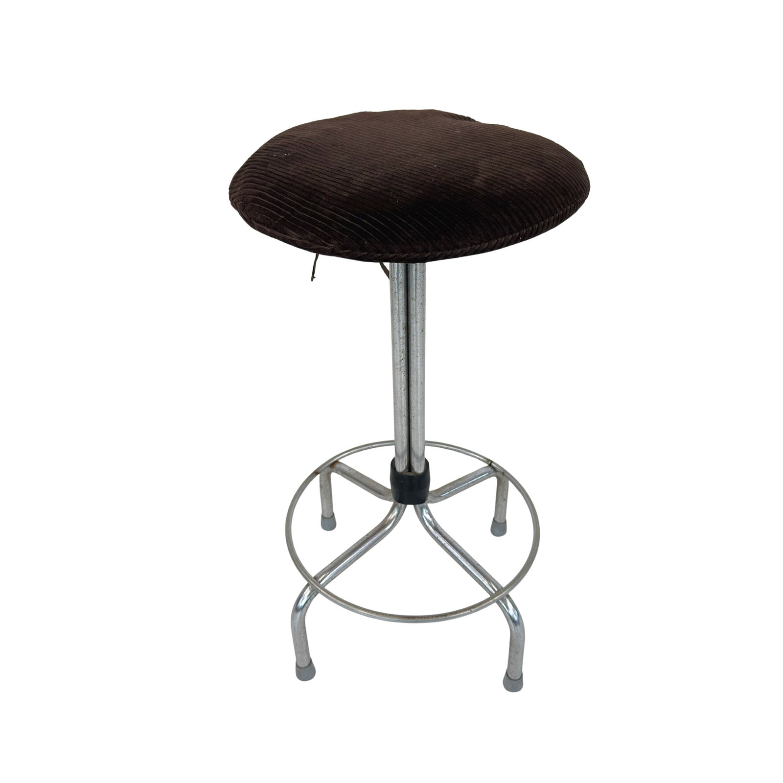 VINTAGE INDUSTRIAL STOOL: Dimensions: H 28.5” x W 13”. Vintage Industrial stool with brown fabric seat and chrome-plated metal frame.