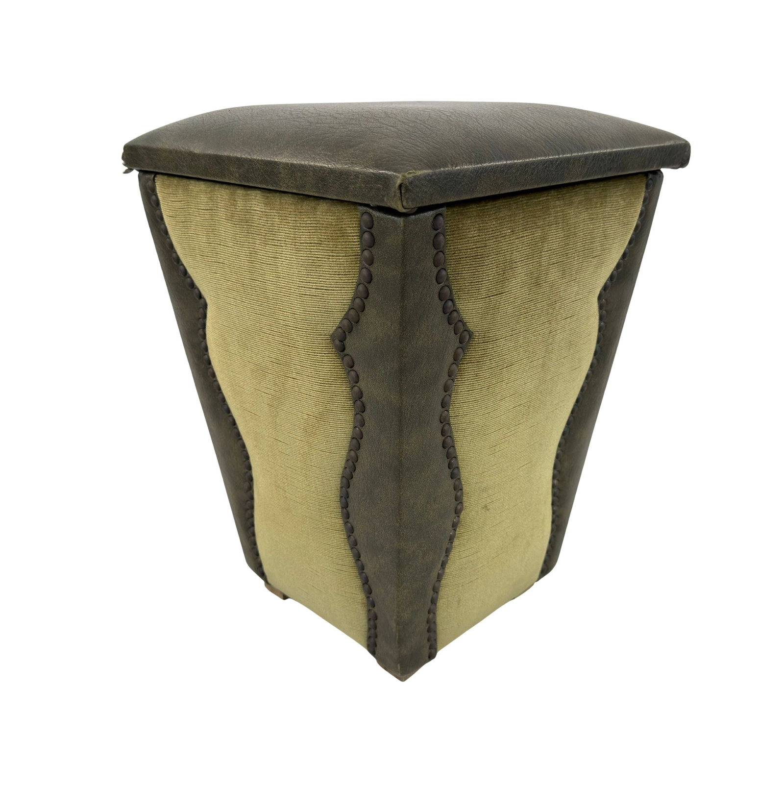 LEATHER STORAGE POUF: Dimensions: H 19” x W 13.5”. Vintage two-tone leather and fabric storage pouf.