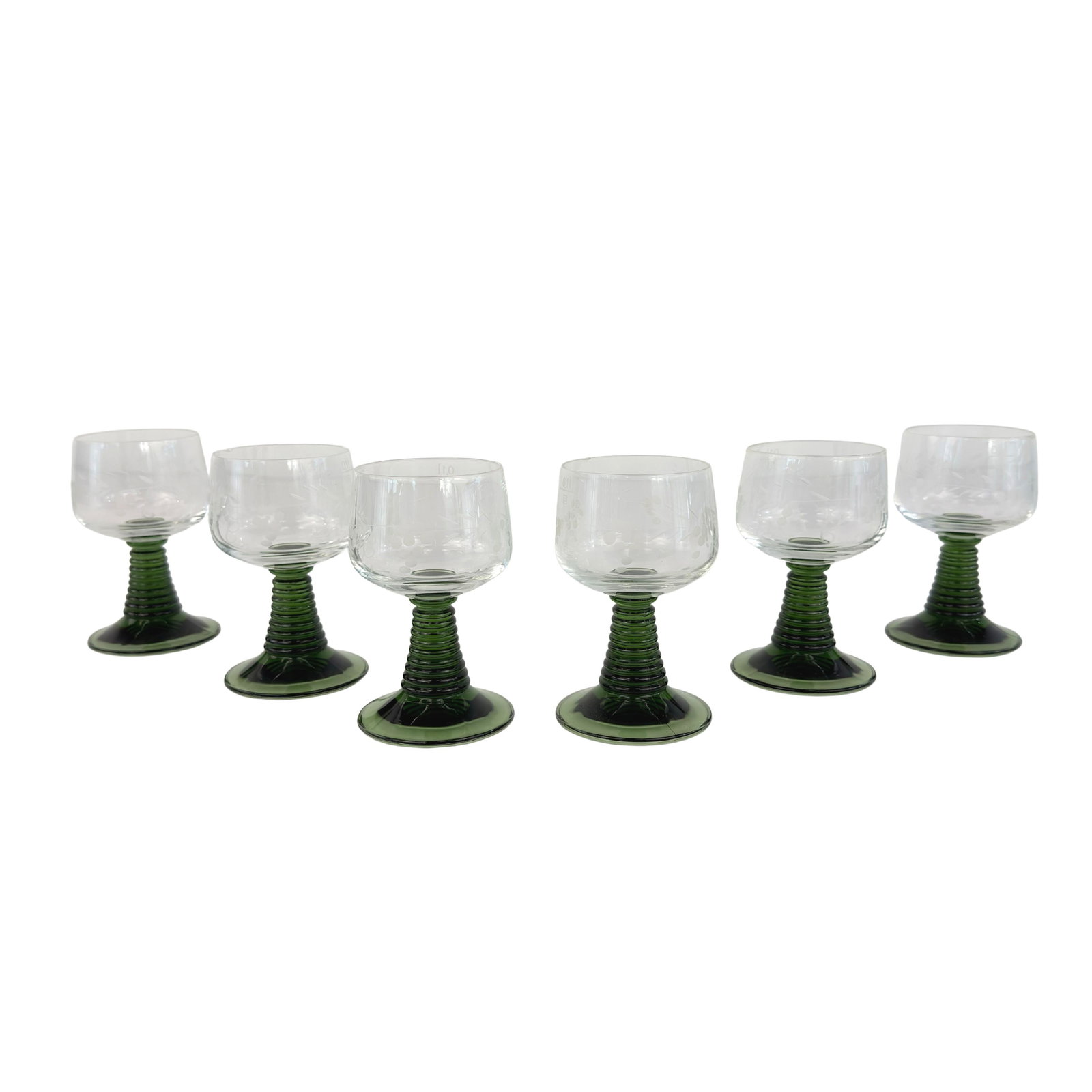 (6) LUMINARC FRENCH WINE GLASSES: Dimensions: H 4.3” x W 2.5”. Set of 6 Luminarc French wine glasses with green ribbed beehive stem.