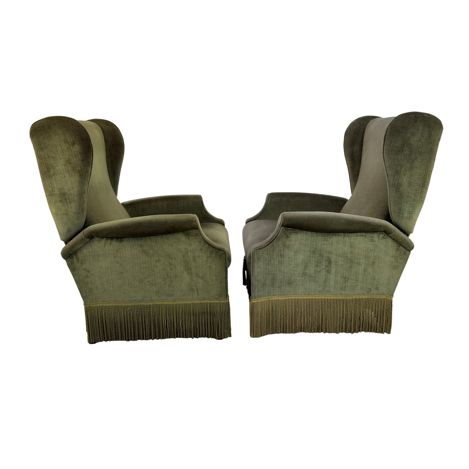 DANISH RECLINING ARMCHAIRS, A PAIR: Dimensions: H 41 ” x W 30 ” x D 35” x SH 18.5”. Pair of Vintage Danish reclining wingback armchairs in green velour with fringes. Dimensions: D (extended) 61".