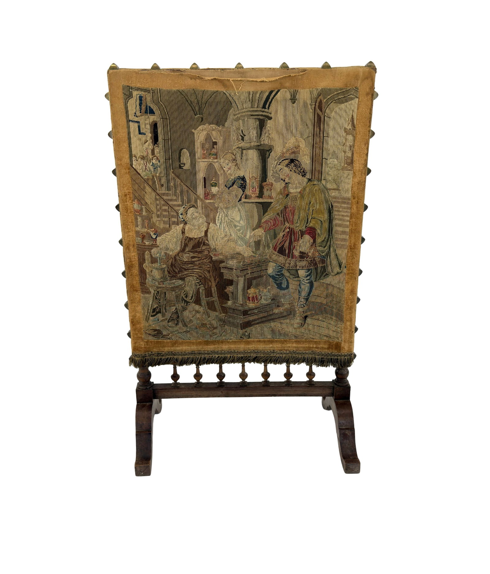 ANTIQUE FLEMISH TAPESTRY: Dimensions: H 40" x W 23.5" x D 1". Antique Flemish tapestry on wooden frame.
