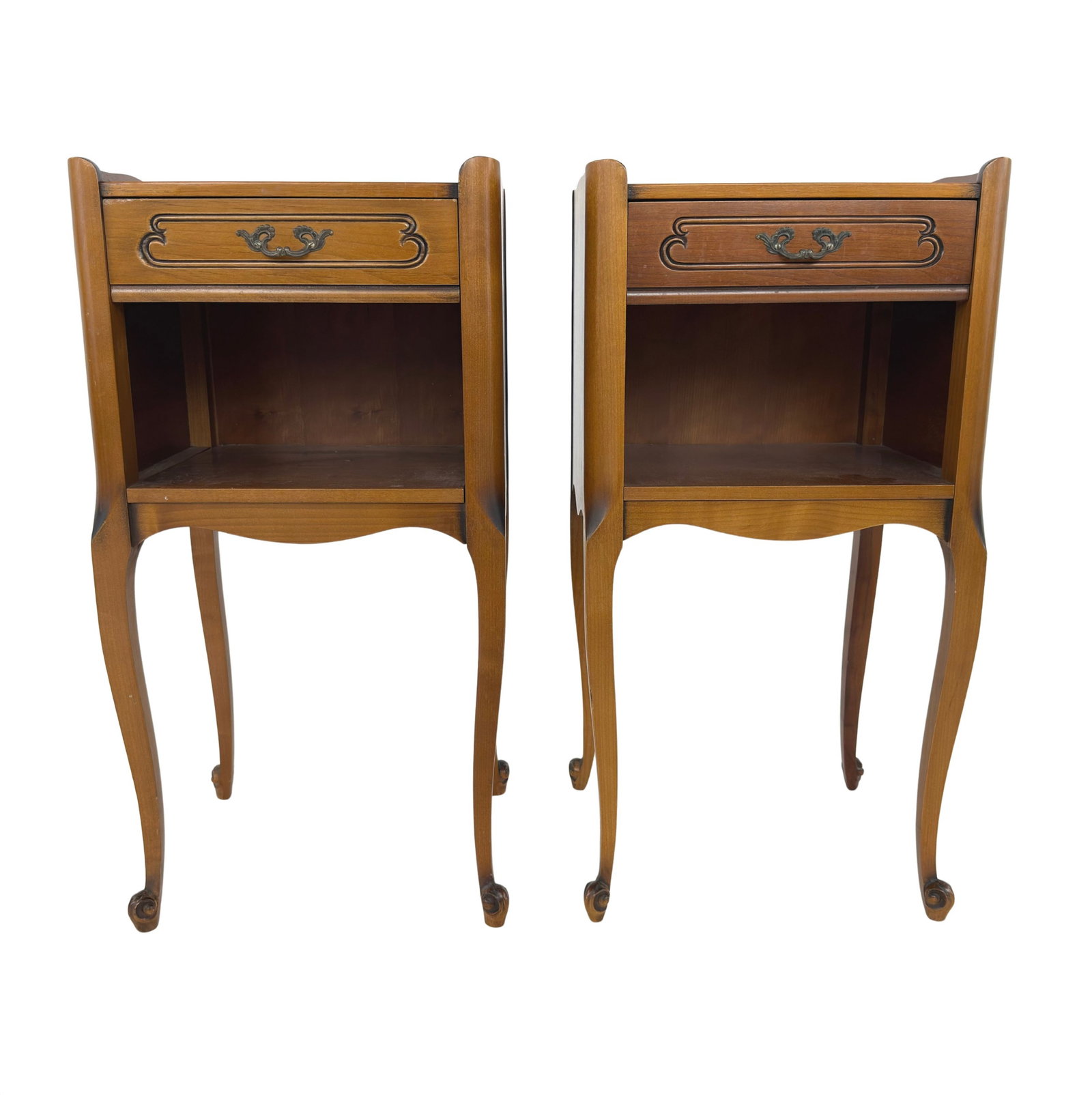 LOUIS XV BEDSIDE TABLES, A PAIR: Dimensions: H 27” x W 14” x D 12”. Pair of French Louis XV style bedside tables featuring cabriole legs, one central drawer and an open shelf.