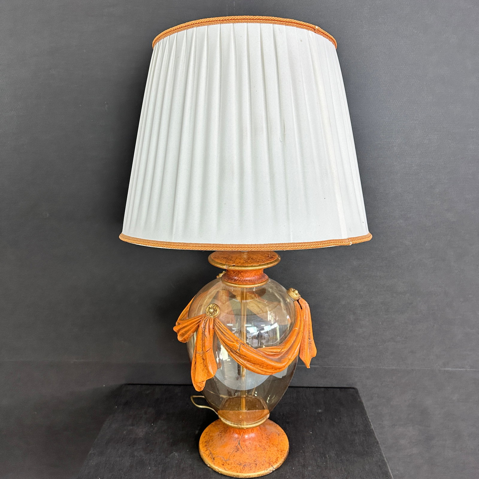 ITALIAN TABLE LAMP: Dimensions: H 37.5” x W 19.5”. Vintage Italian table/floor lamp with glass base and white pleated fabric lampshade.