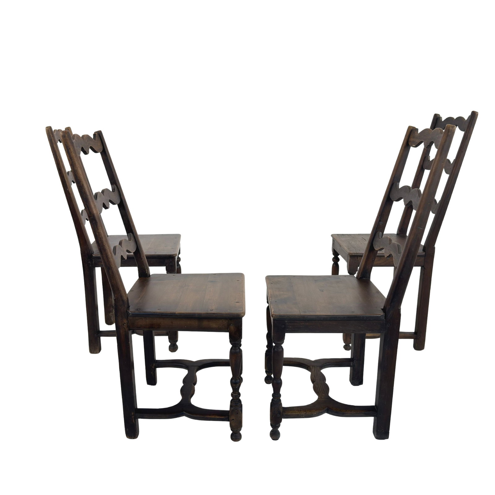 (4) FARMHOUSE DINING CHAIRS: Dimensions: H 42.5” x W 17” x D 19.5” x SH 18”. Set of 4 Vintage French Farmhouse ladder back dining chairs. Dimensions: H 40”/39.5”.