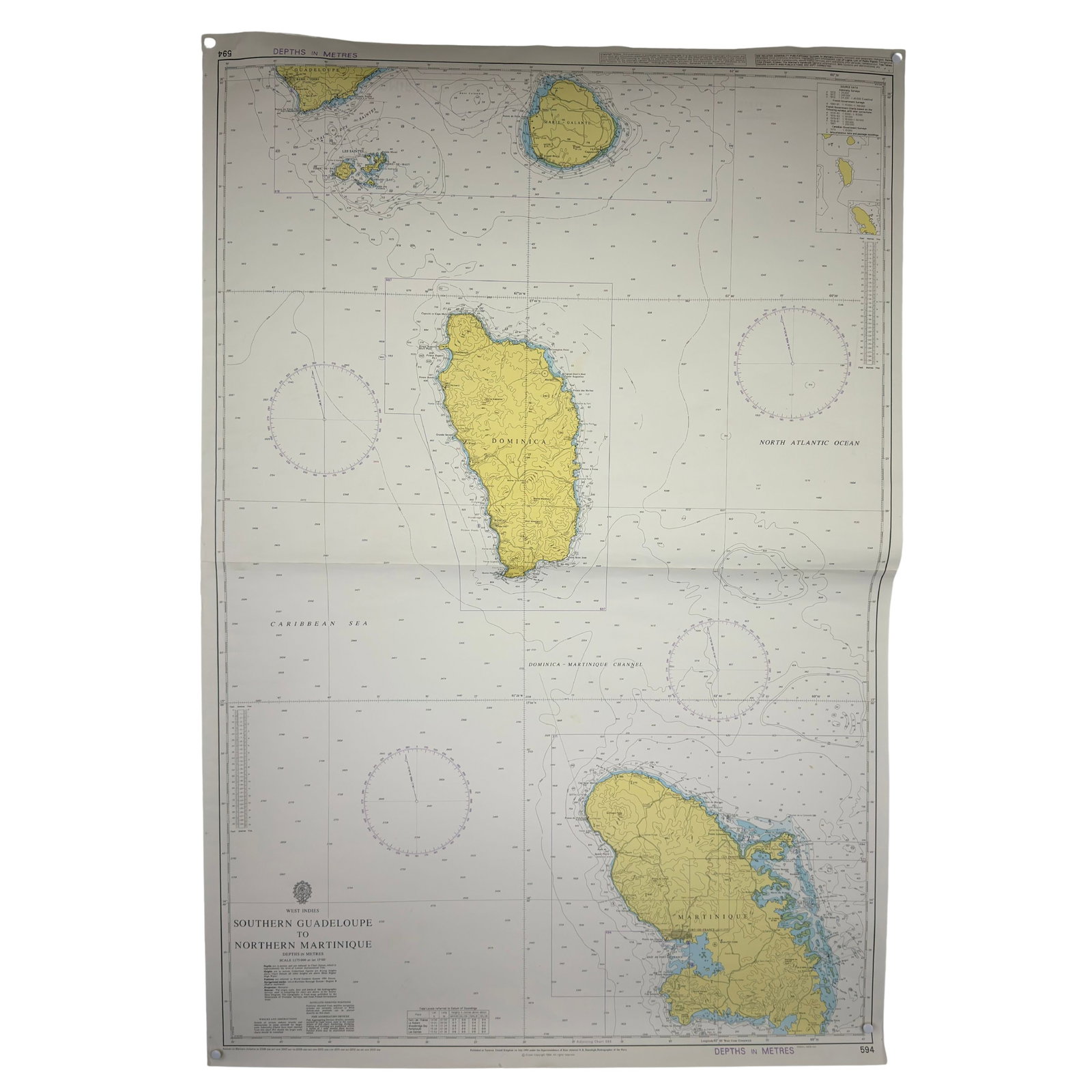 (9) NAUTICAL CHARTS: Dimensions: H 46 ” x W 33 ”. Set of 9 Vintage nautical charts of Guadeloupe, St. Vincent, Grenada, Saint Martin, Saint Lucia, Cuba. (20)