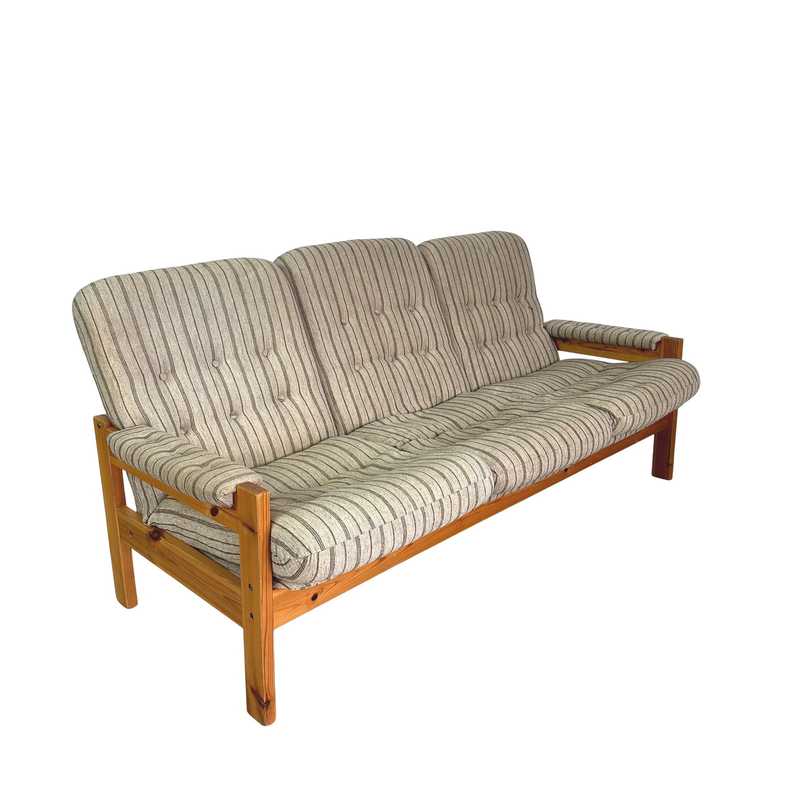 SCANDINAVIAN THREE-SEATER SOFA, 1970s: Dimensions: H 32” x W 70” x SD 22” x SH 18”. Vintage Scandinavian pine three-seater sofa with beige striped fabric cushions. Can be combined for a set.