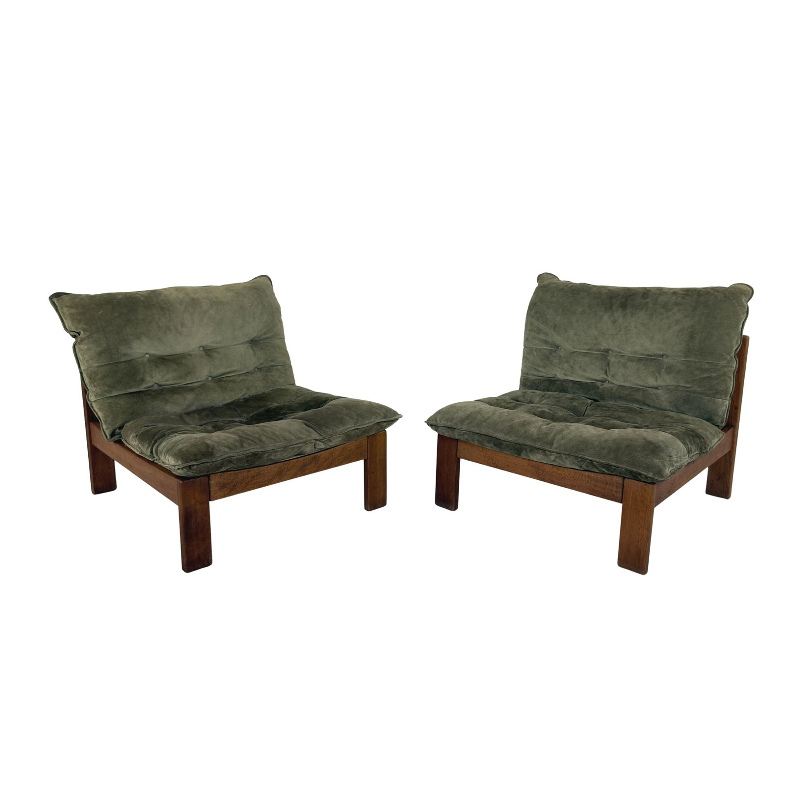 GERMAN LOUNGE CHAIRS, A PAIR: Dimensions: H 29 ” x W 30.5” x D 31.5” x SH 16”. Pair of Vintage German Brutalist lounge chairs with dark green loose padded cushions.