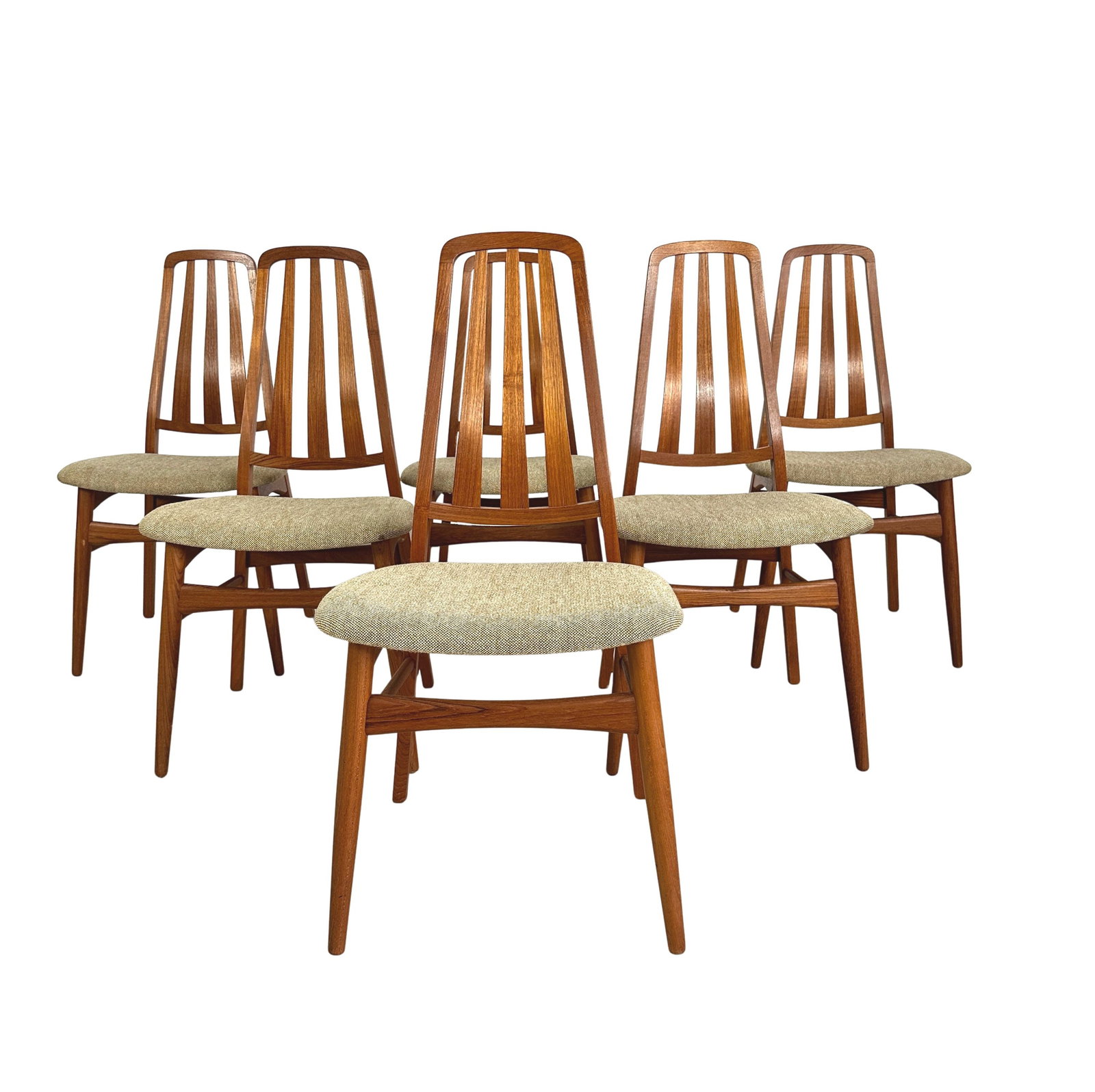 (6) NIELS KOEFOED EVA DINING CHAIRS: Dimensions: H 37.3” x W 18.5” x SD 15.5” x SH 19 ”. Set of 6 Danish dining chairs “Eva ” designed by Niels Koefoed for Koefoeds Hornslet in the 1960s with beige