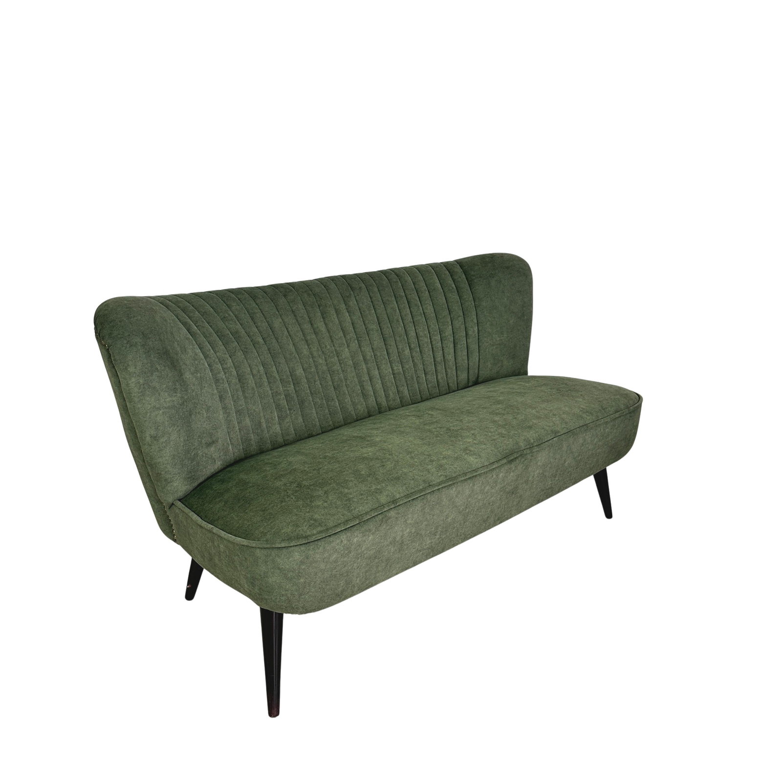 DANISH BANANA SOFA, 1960s: Dimensions: H 25.5” x W 46” xSD 19 ” x SH 16.5”. Vintage Danish Banana Cocktail sofa newly upholstered in green fabric with dark wood tapered legs. Can be combined for a set.