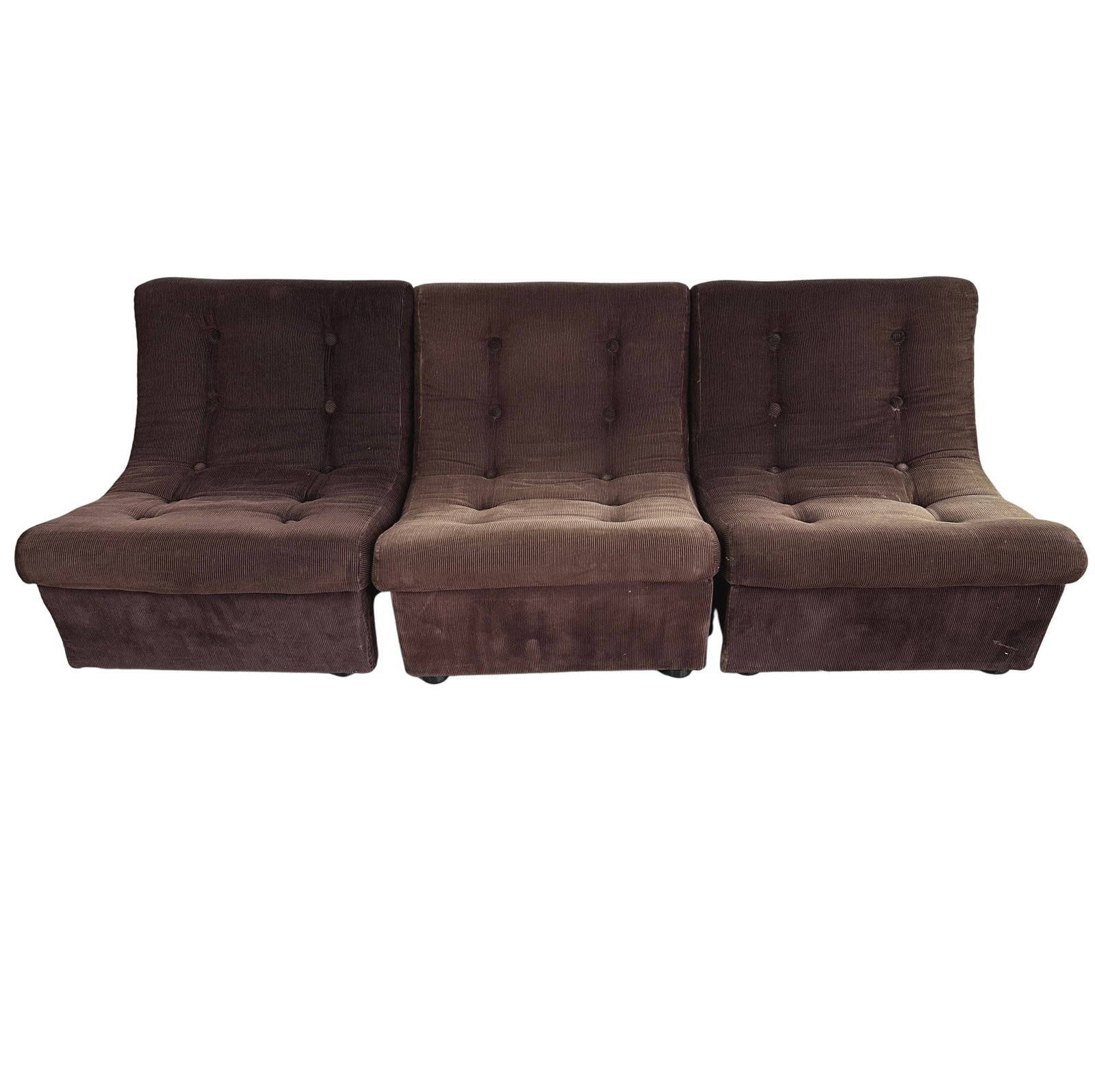 VINTAGE MODULAR SOFA,1970s: Dimensions: H 24” x W 76.5” x D 32.5” x SH 15”. Vintage modular sofa in dark brown corduroy, consist of 3 pc. Dimensions: (1pc.) W 25.5".