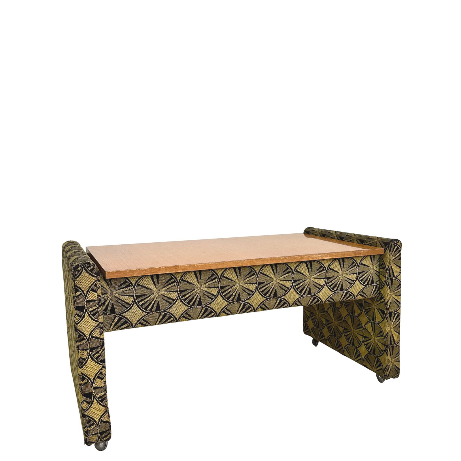 VINTAGE CONSOLE TABLE: Dimensions: H 18.7” x W 39.5” x D 19.7”. Vintage console or coffee table covered in geometric-pattern fabric with a light wood top.