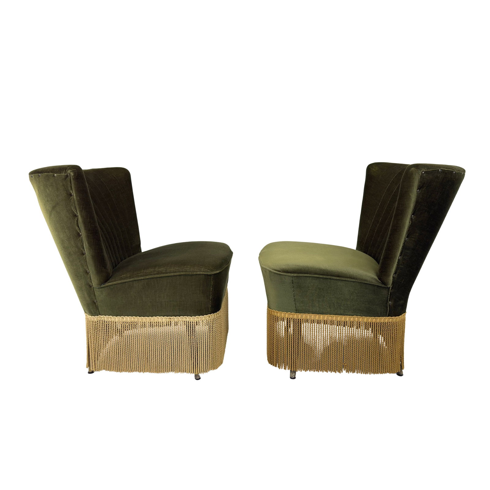 VINTAGE COCKTAIL CHAIRS, A PAIR: Dimensions: H 28” x W 20” x D 26” x SH 17”. Pair of Vintage cocktail chairs in original olive green velvet upholstery with fringes.