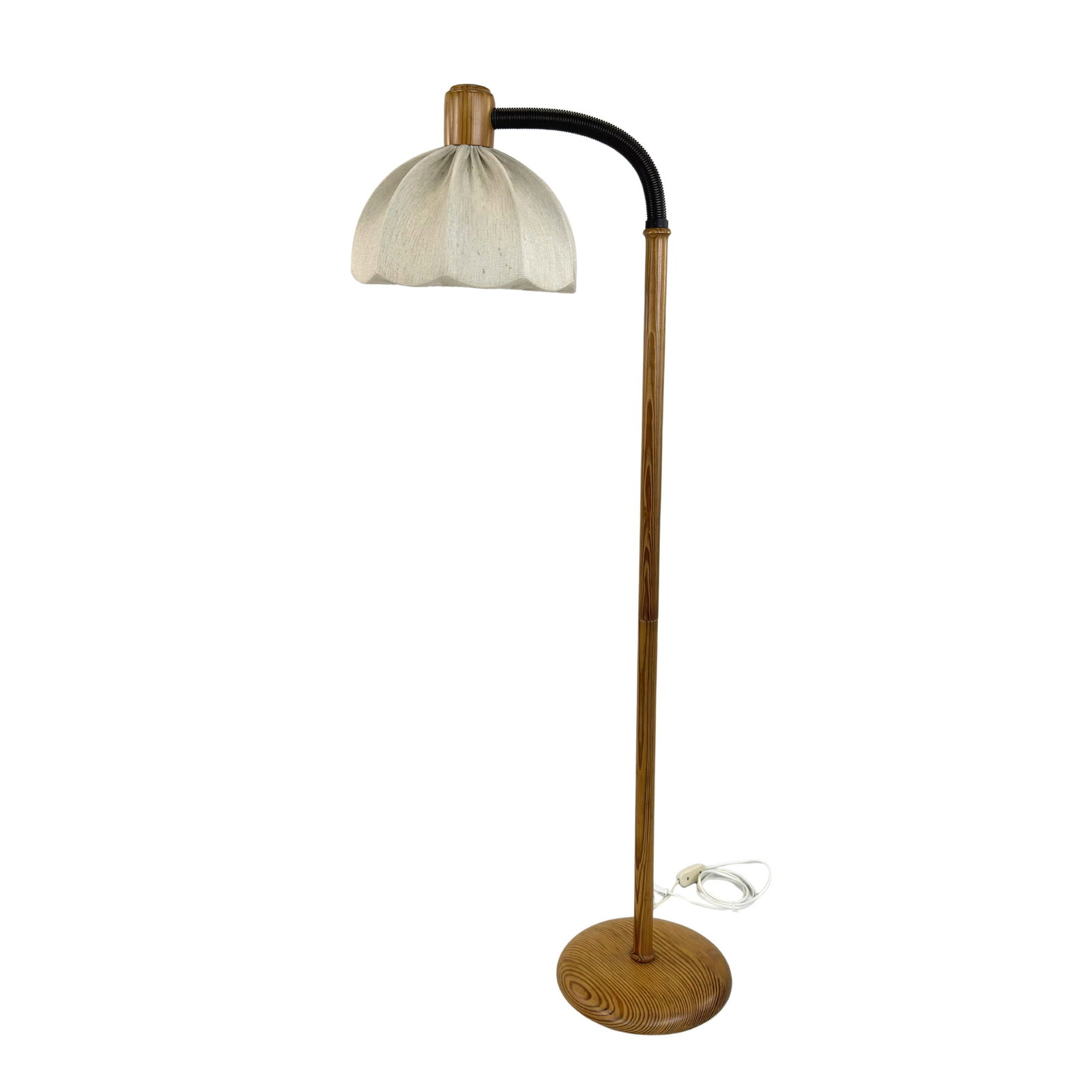 VINTAGE SCANDINAVIAN FLOOR LAMP: Dimensions: H 60” x W 11.3”. Vintage Scandinavian adjustable floor lamp with pine base and off-white fabric lampshade. Dimensions: W (lampshade) 12.5".