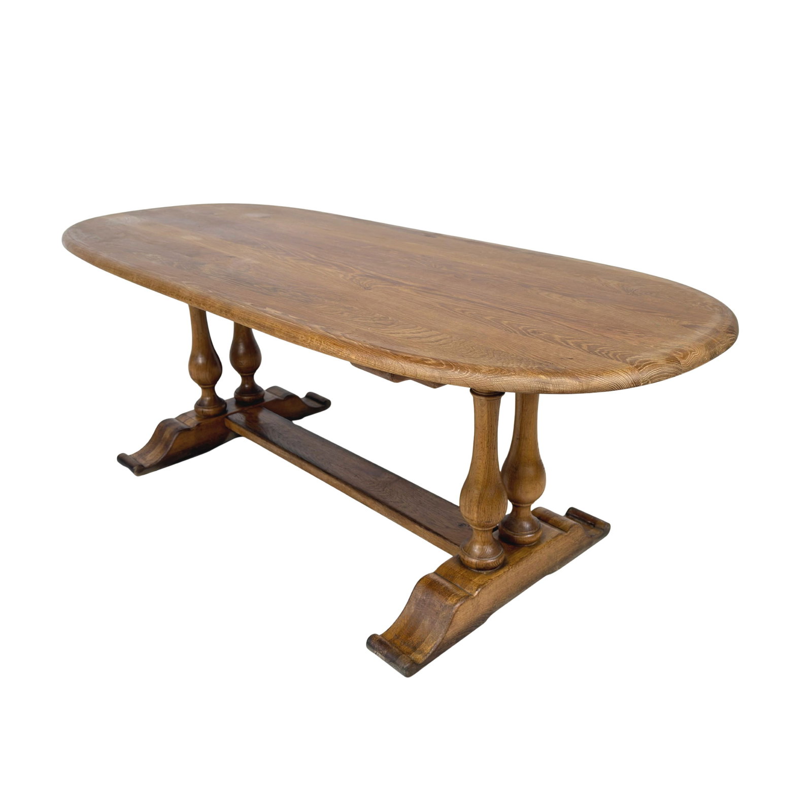 FARMHOUSE OVAL DINING TABLE: Dimensions: H 30” x W 86 ” x D 37 ”. Vintage Farmhouse Refectory oval dining table with turned pedestal legs with stretcher.