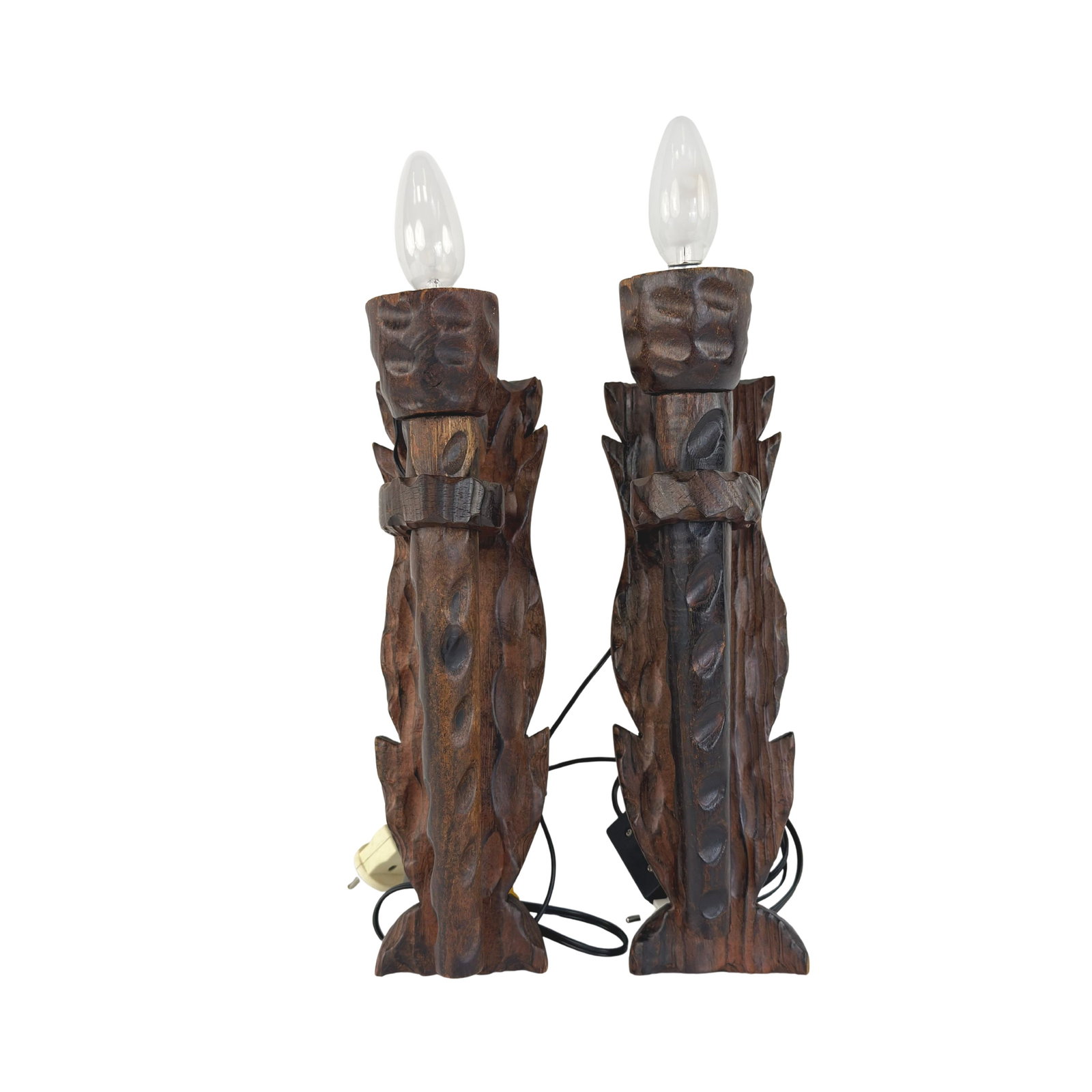 CARVED WOOD WALL SCONCES, A PAIR: Dimensions: H 14.5” x W 4.3”. Pair of Vintage dark brown carved wood wall sconces.