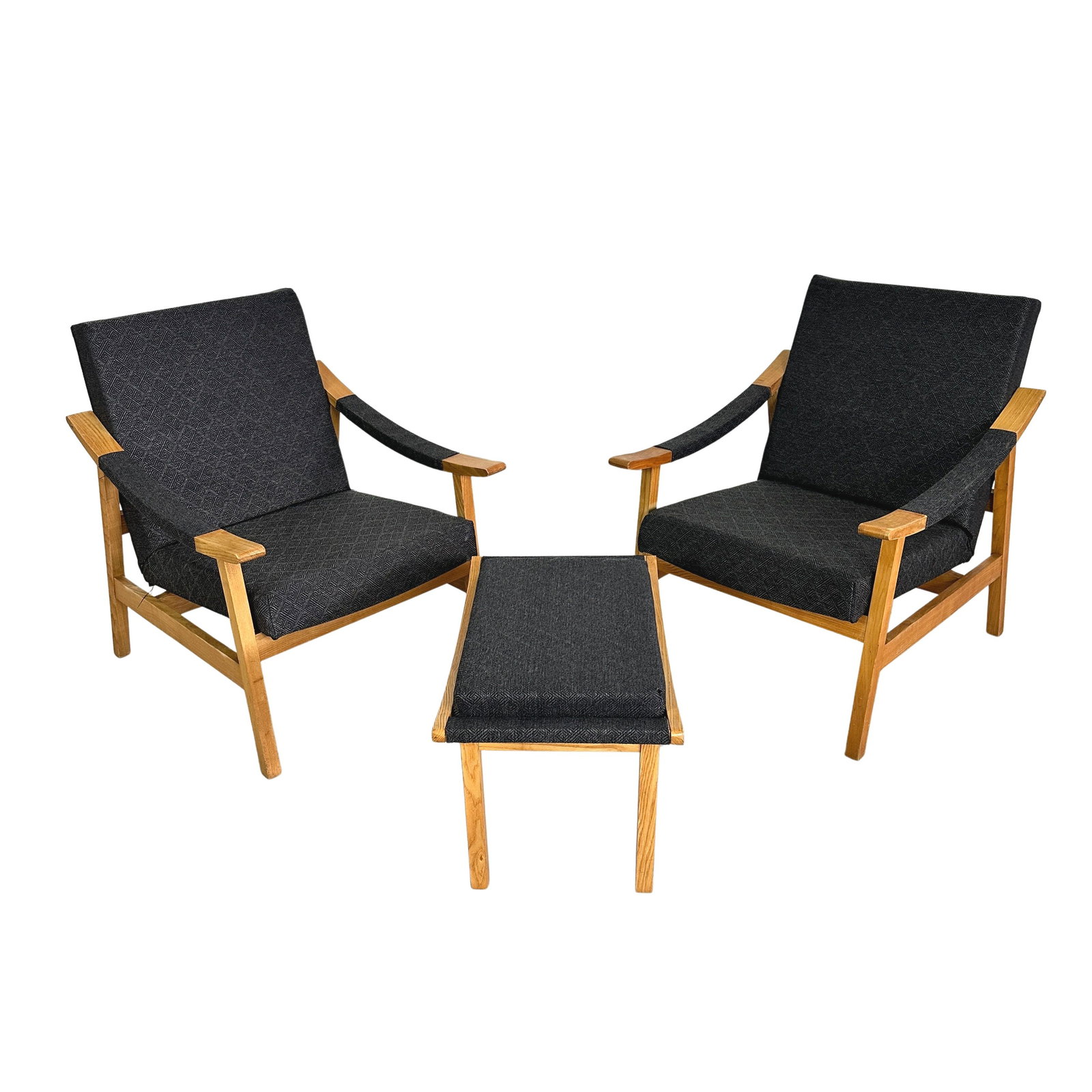 LASZLO HETZENDORFER LOUNGE CHAIRS WITH OTTOMAN, A PAIR: Dimensions: H 31” x W 25.5” x D 28.5” x SH 16”. Pair of Vintage lounge armchairs with matching ottoman designed by Laszlo Hetzendorfer in the 1970s. Dimensions: (ottoman) H