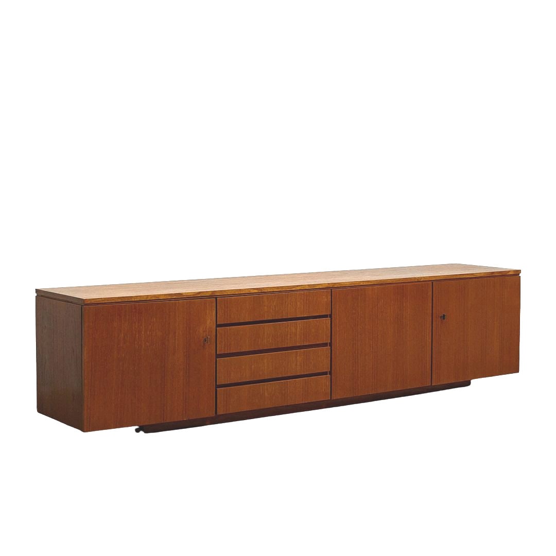 GERMAN SIDEBOARD BY WK WOHNEN, 1960s: Dimensions: H 19.8” x W 90.5” x D 17.7”. Vintage German sideboard by WK Wohnen with 4 drawers and 2 cupboards with shelf inside.