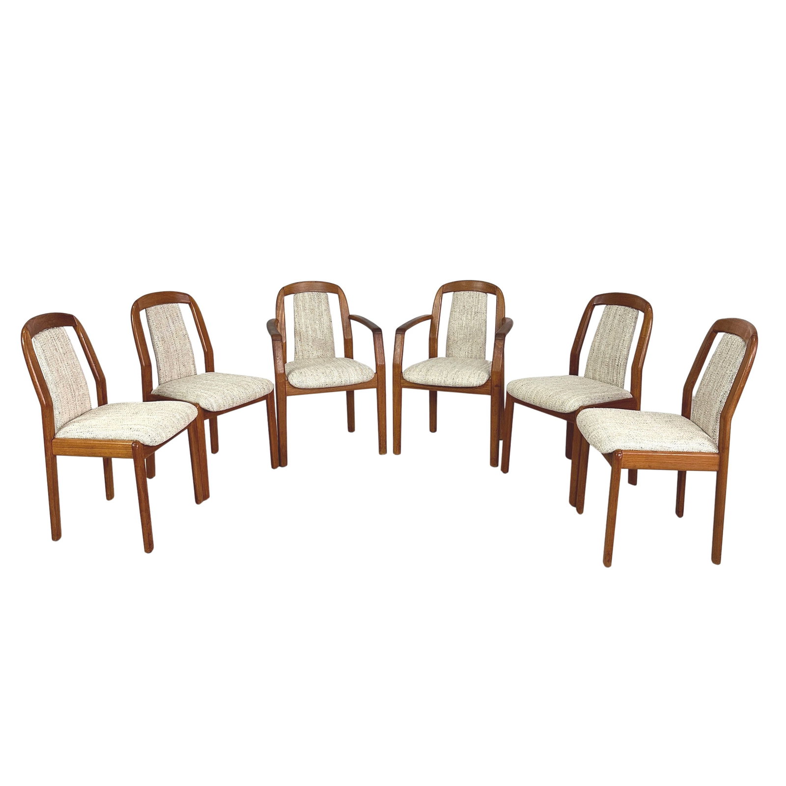 (6) SCANDINAVIAN TEAK DINING CHAIRS 1970s: Dimensions: H 33.5” x W 17” x SD 17” x SH 19”. Set of 6 Scandinavian dining chairs, newly upholstered in light beige fabric. Two of the chairs are with armrests. Dimensions: