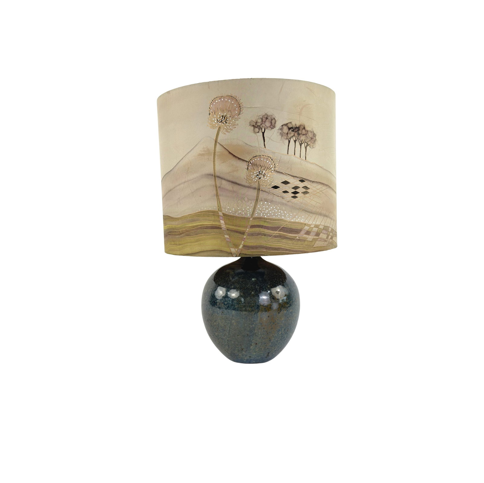 VINTAGE FRENCH CERAMIC TABLE LAMP: Dimensions: H 9.3” x W 6.3”. Vintage French table lamp with dark ceramic base and hand painted fabric lampshade. Dimensions are for the base.