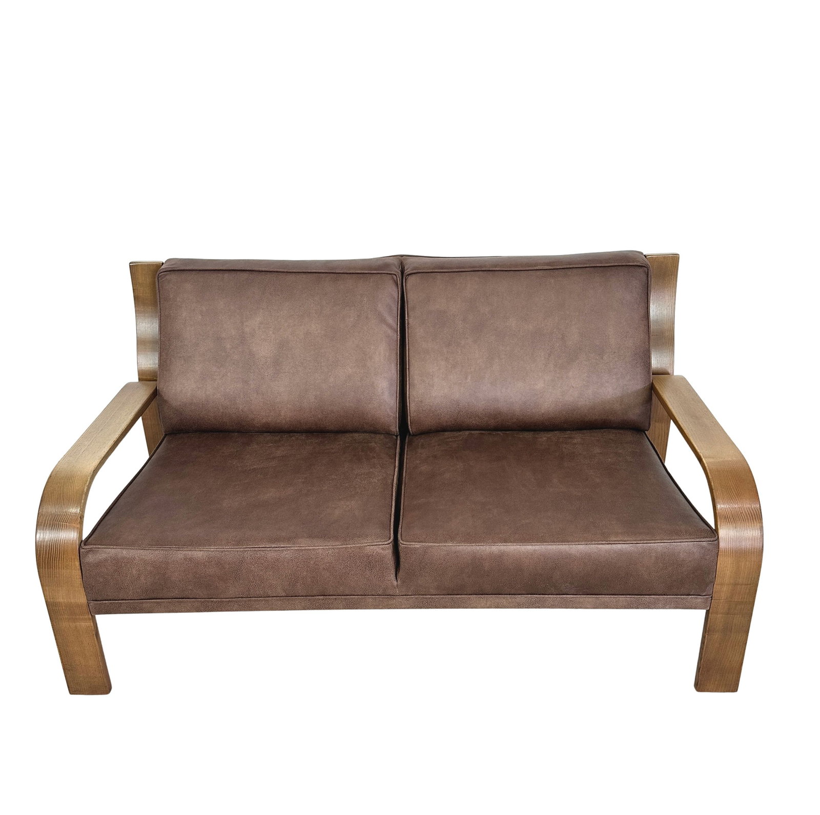 WALTER KNOLL TWO-SEATER SOFA: Dimensions: H 31” x W 57.7” x D 31” x SH 16.5”. Vintage German two-seater sofa designed by Walter Knoll, newly upholstered in brown faux leather.