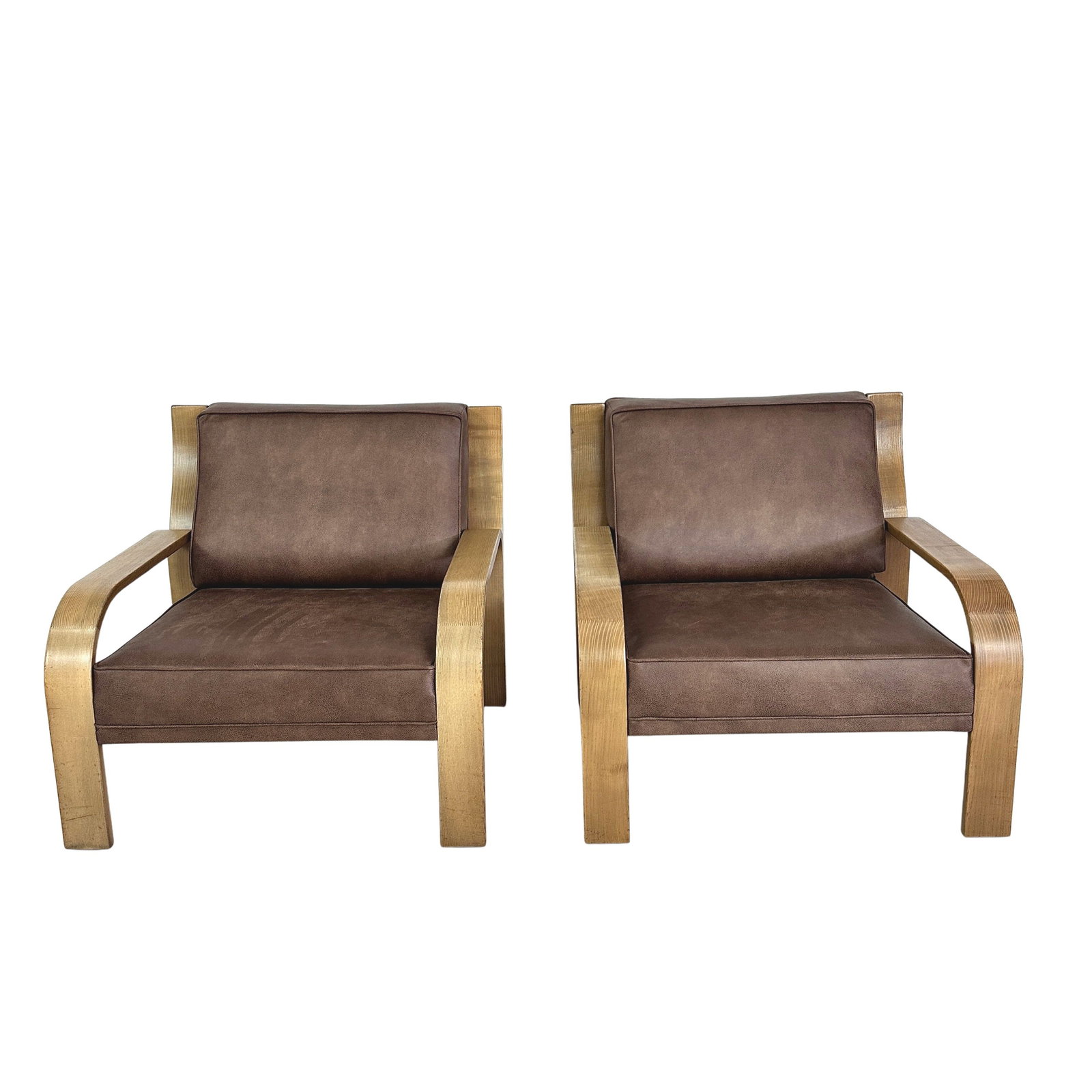 WALTER KNOLL LOUNGE CHAIRS, A PAIR: Dimensions: H 30.5” x W 32.5” x SD 21” x SH 15.7”. Pair of Vintage German lounge chairs designed by Walter Knoll, newly upholstered in brown faux leather.
