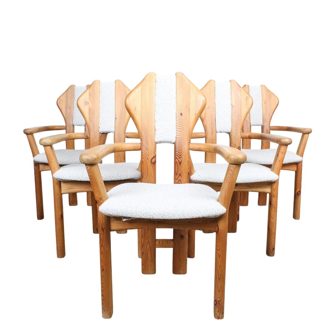 (5) DANISH BRUTALIST CHAIRS BY HOLGER DANSKE: Dimensions: H 37.7” x W 24” x D 22.8” x SH 17.7”. Set of 5 Danish Brutalist pine dining chairs designed by Holger Danske, upholstered in off-white wool fabric.