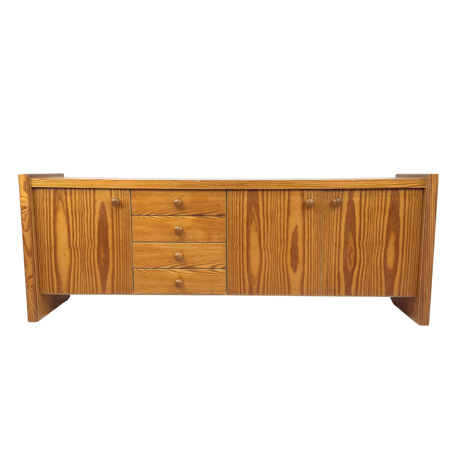 PINE SIDEBOARD BY M&H MOBEL: Dimensions: H 27” x W 74.5” x D 15.5”. Vintage pine sideboard designed by M&H Mobel with 4 drawers and 2 cupboards with shelf inside.