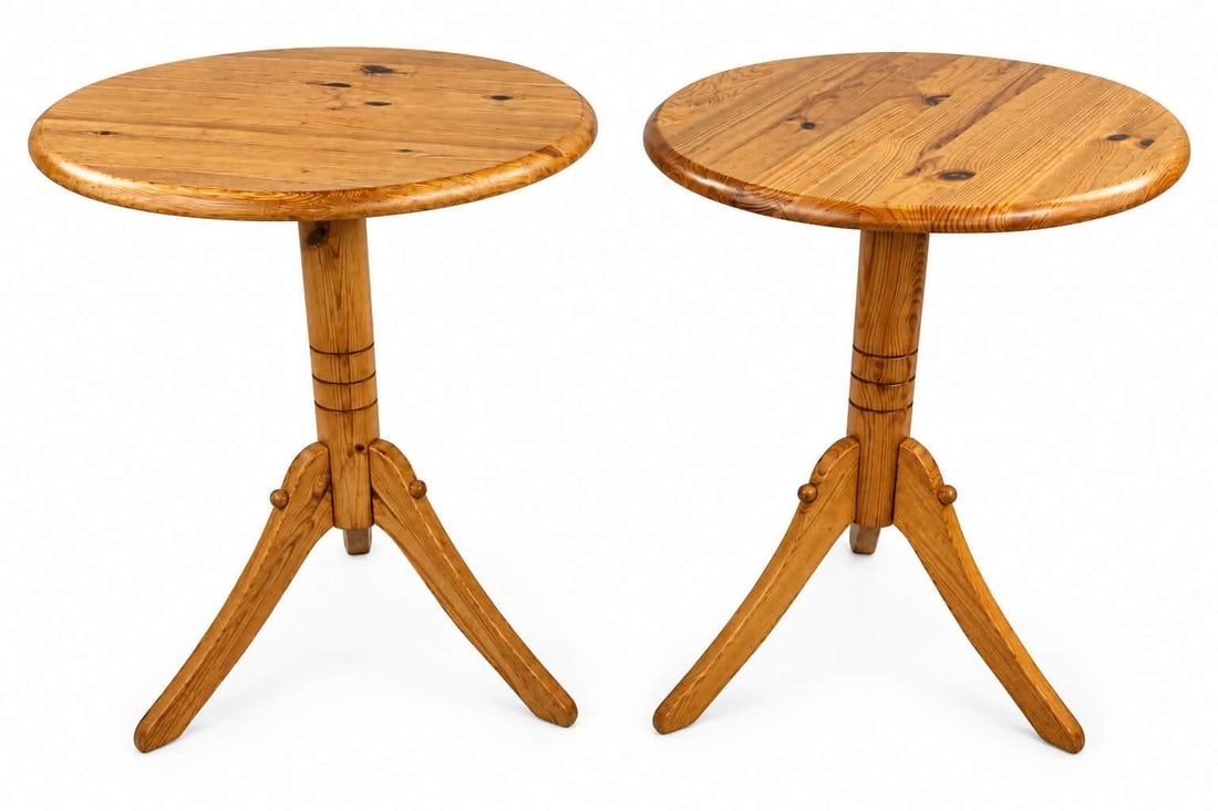VINTAGE PINE SIDE TABLES, A PAIR: Dimensions: H 24” x W 19.7”. Pair of Vintage pine round tripod side tables. Dimensions: (2nd) W 18.7”.