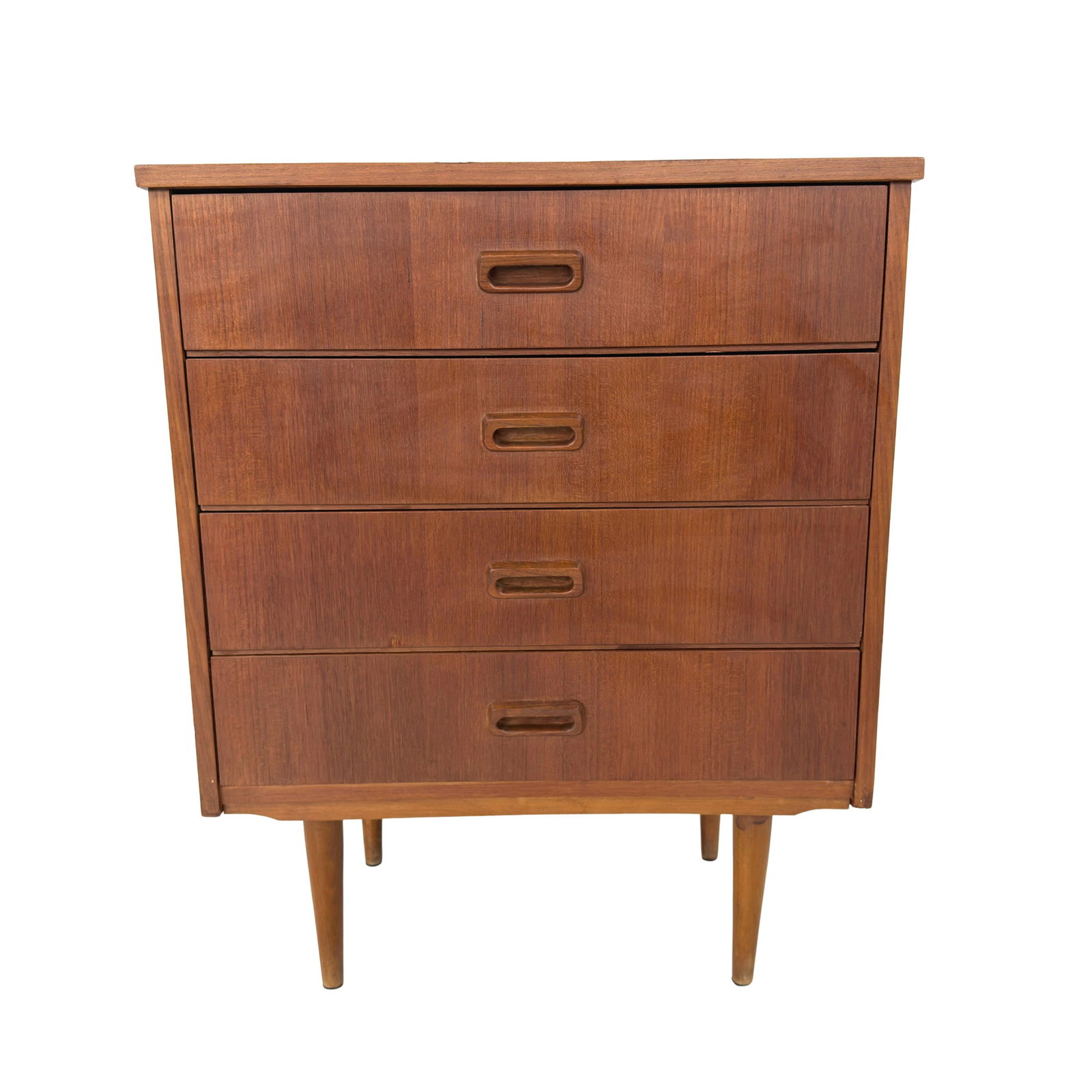 DANISH CHEST OF DRAWERS, 1950s: Dimensions: H 29.7” x W 24.3” x D 13.3”. Vintage Danish chest of drawers with 4 drawers with recessed handles.