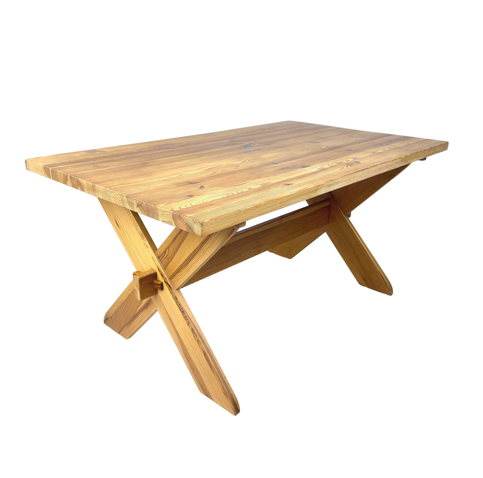 SCANDINAVIAN PINE X DINING TABLE: Dimensions: H 28.5” x W 59.3” x D 35.5”. Vintage Scandinavian Brutalist pine rectangular dining table with crossed X-leg trestle base.