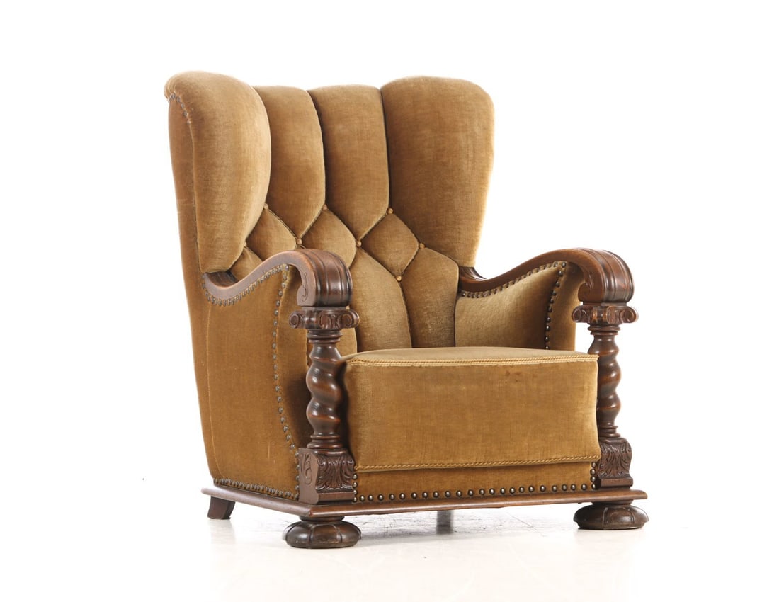 VINTAGE DANISH LOUNGE CHAIR, 1950s: Dimensions: H 40.5” x W 40.57” x D 35”. Large Danish Lounge chair in mohair with carved oak armrests. 1950-40s. 0640