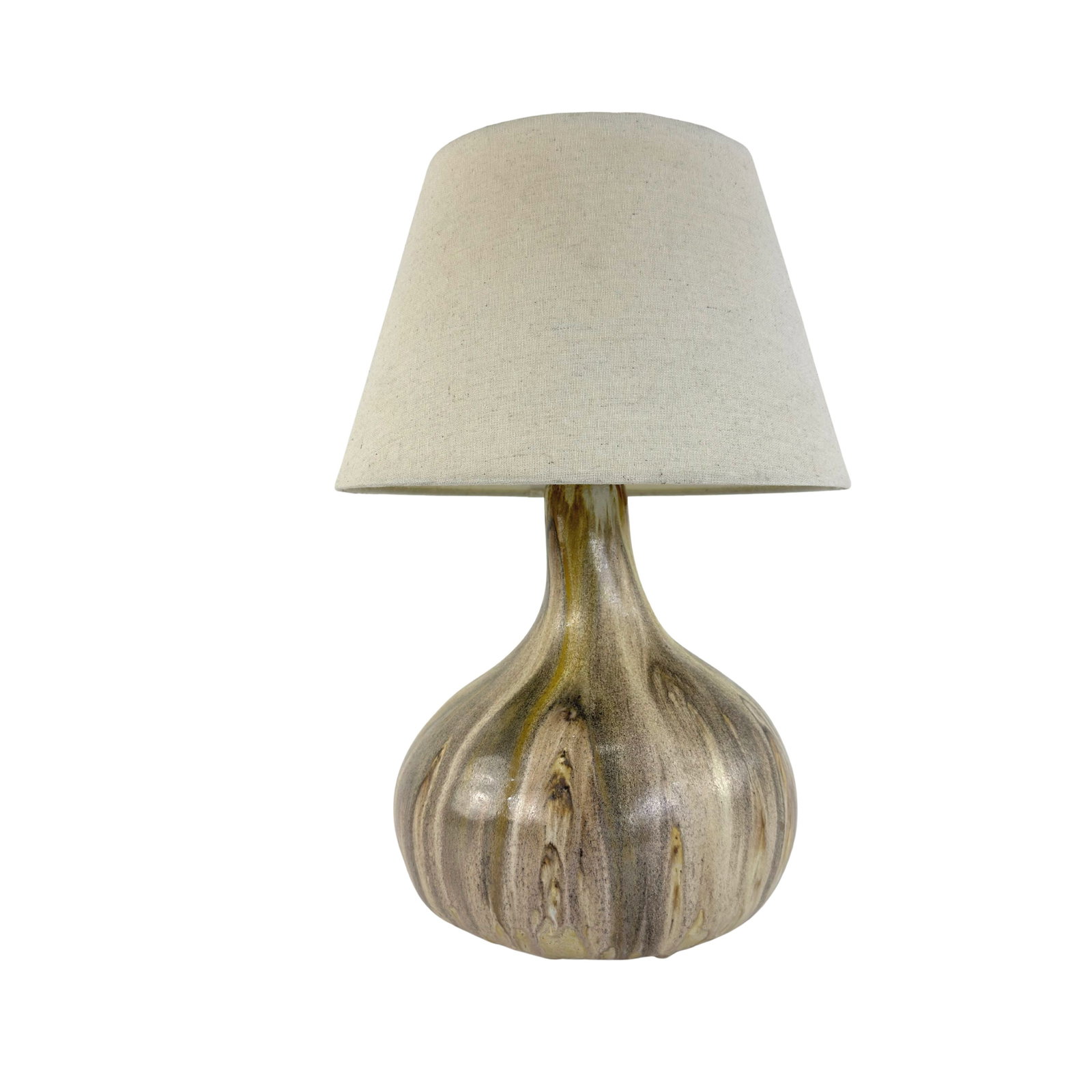 HAND PAINTED VINTAGE FRENCH TABLE LAMP: Dimensions: H 13” x W 8.7”. Vintage French designer handmade ceramic table lamp with light beige fabric lampshade. Signed Dimensions are for the base.