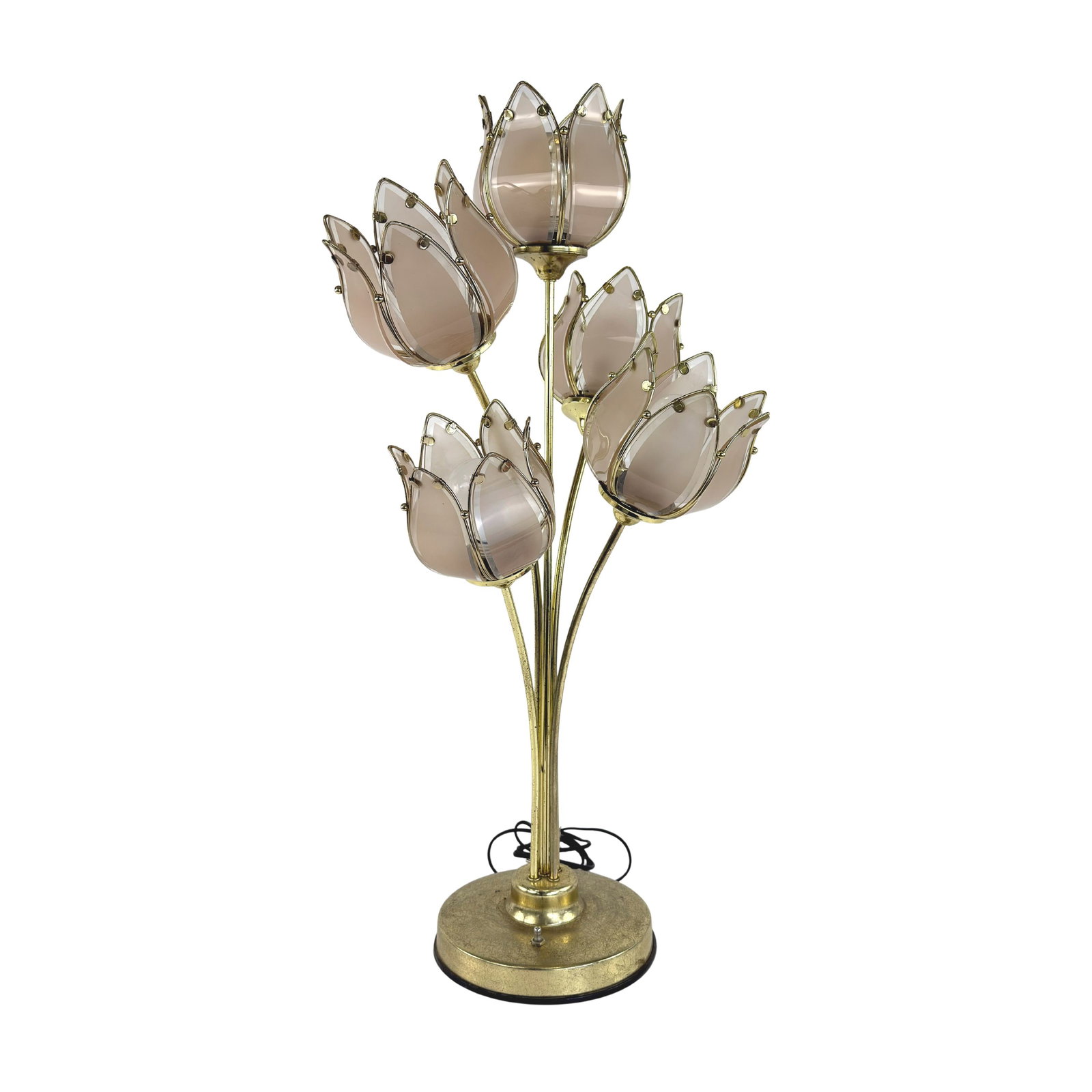 ITALIAN TULIP TABLE LAMP, 1970s: Dimensions: H 34.7” x W 9.5”. Vintage Italian Hollywood Regency style brass and glass table / floor lamp with 5 sculptural tulip shades.
