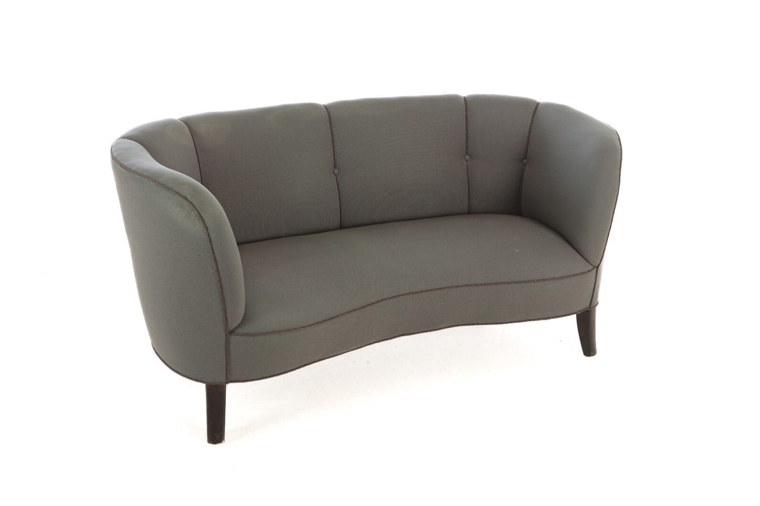 SLAGELSE MOBERVAERK BANANA SOFA, 1940s: Dimensions: H 28” x W 66” x D 33 ”. Danish curved "Banana" sofa from 1940's model 11 from Slagelse Mobervaerk. 0647