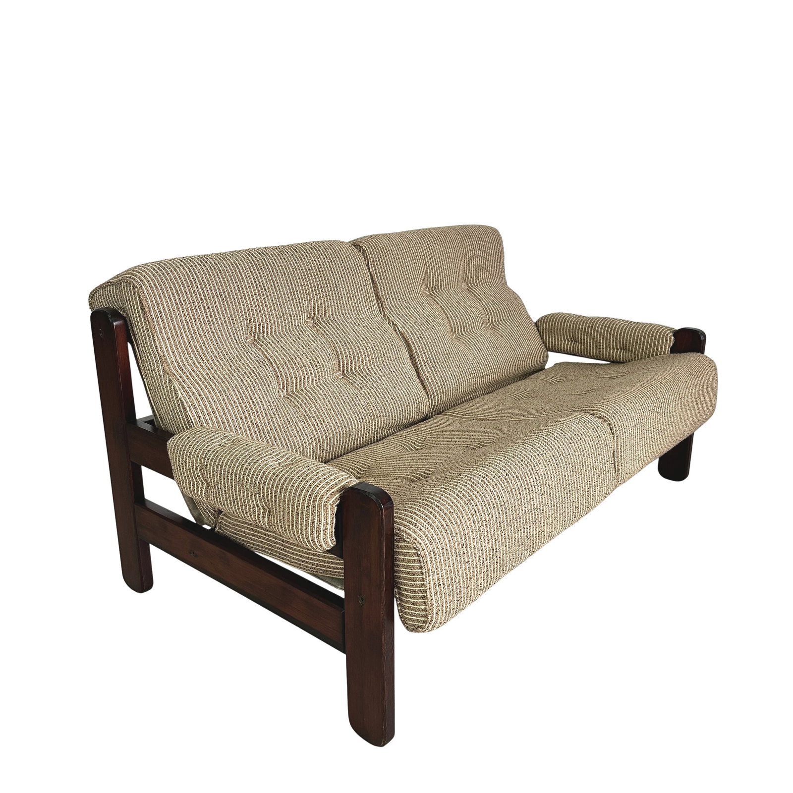 DANISH TWO-SEATER SOFA: Dimensions: H 27” x W 59” x D 35.5” x SH 17.5”. Vintage Danish two-seater sofa with dark wood frame and striped fabric cushions, produced in the 1970s.