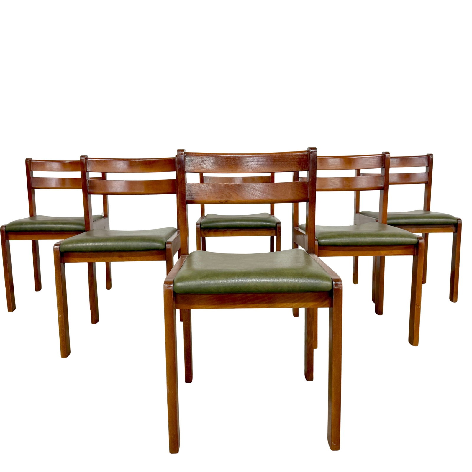 (6) GERMAN DINING CHAIRS, 1970s: Dimensions: H 31.5" x W 18" x D 20". Brutalist style vintage German dining chairs by H Spahn with green leather seats.