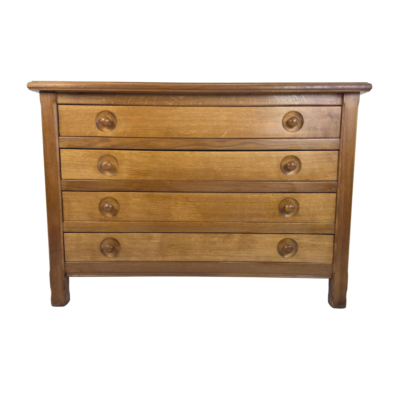 BRUTALIST CHEST OF DRAWERS, 1960s: Dimensions: H 35” x W 49.3” x D 19”. Vintage Belgian Brutalist oak chest of drawers with 4 drawers with wooden handles.
