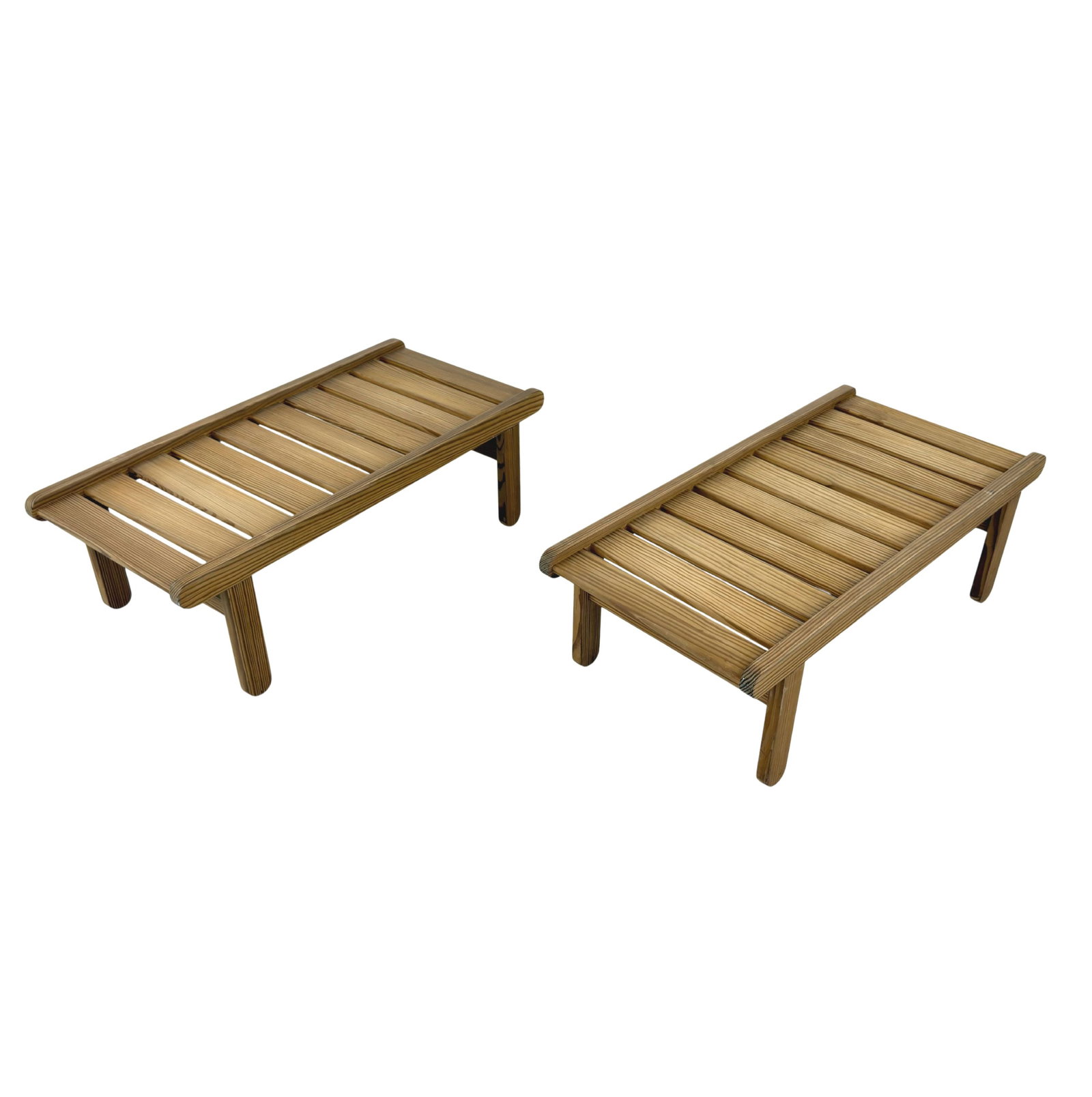 BERNT PETERSEN BENCHES, A PAIR: Dimensions: H 12.5” x W 37.3” x D 18”. Pair of Vintage Danish pine benches designed by Bernt Petersen in the 1960s with slatted seats.