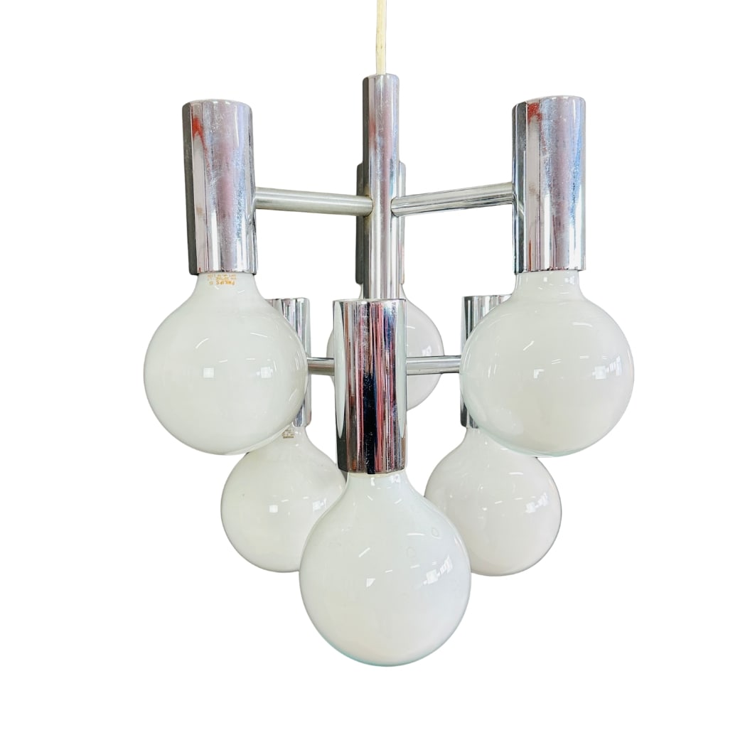 SPACE AGE SPUTNIK CHANDELIER: Dimensions: H 31” x W 13.5”. Vintage Italian chromed metal Space Age Sputnik chandelier from the 1960s.