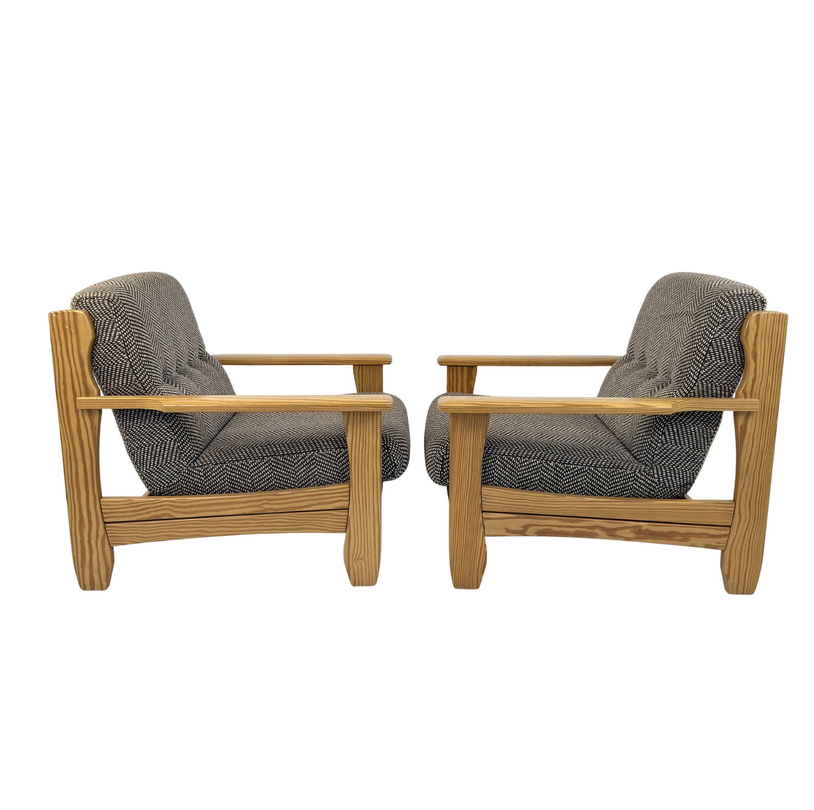 SCANDINAVIAN PINE LOUNGE CHAIRS, A PAIR: Dimensions: H 31" x W 30" x D 35" x SH 17". Pair of Vintage Scandinavian Brutalist pine lounge chairs, upholstered in original brown/beige herringbone patterned upholstery.